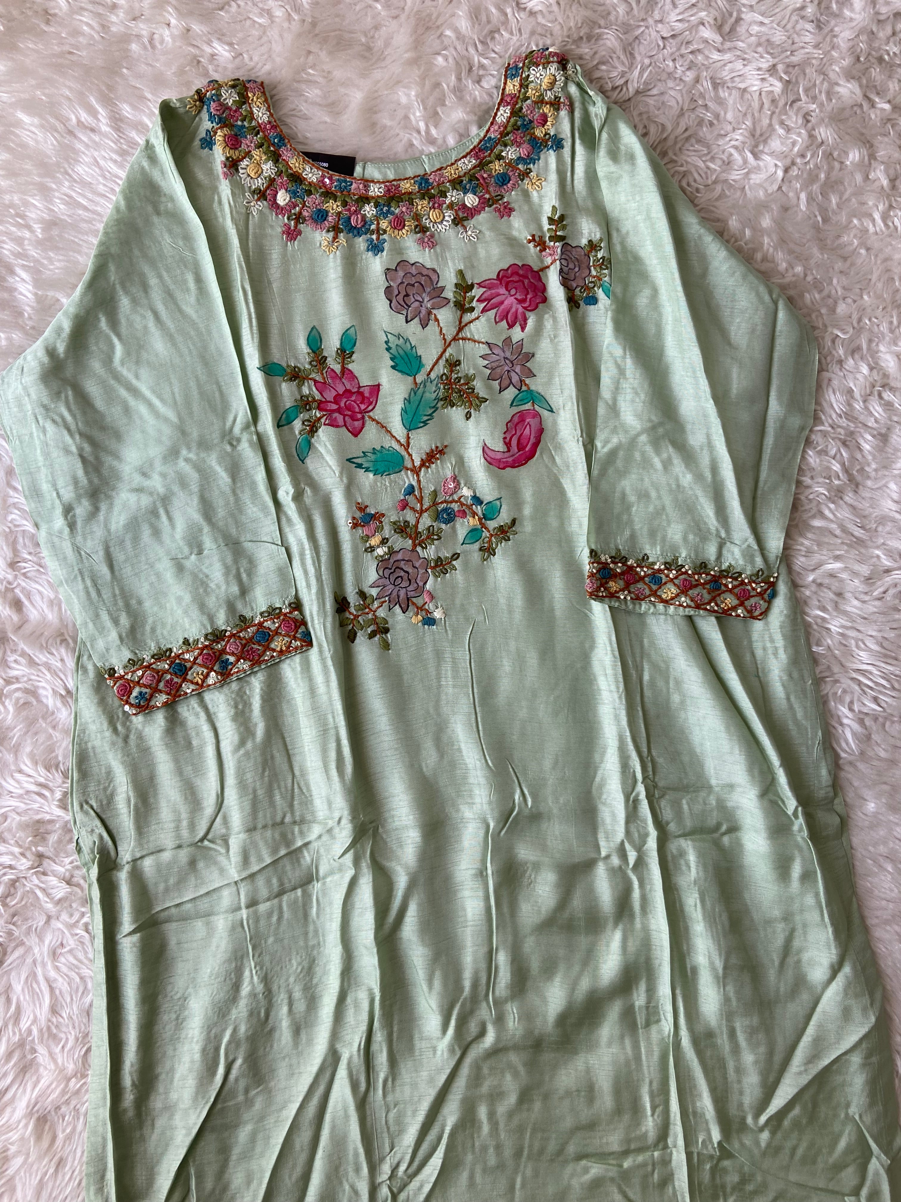 “Plus size” Dola Silk Embroidery Kurti Pant Dupatta Set