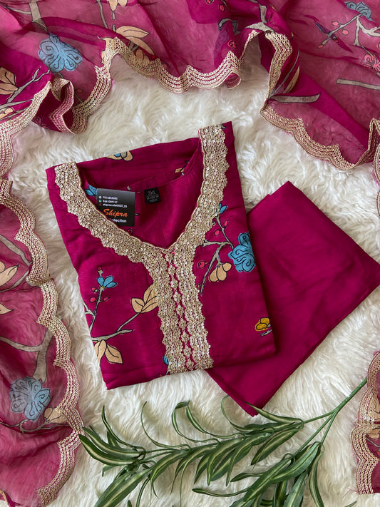 Plus Size Russian Silk Kurti Pant Dupatta Set