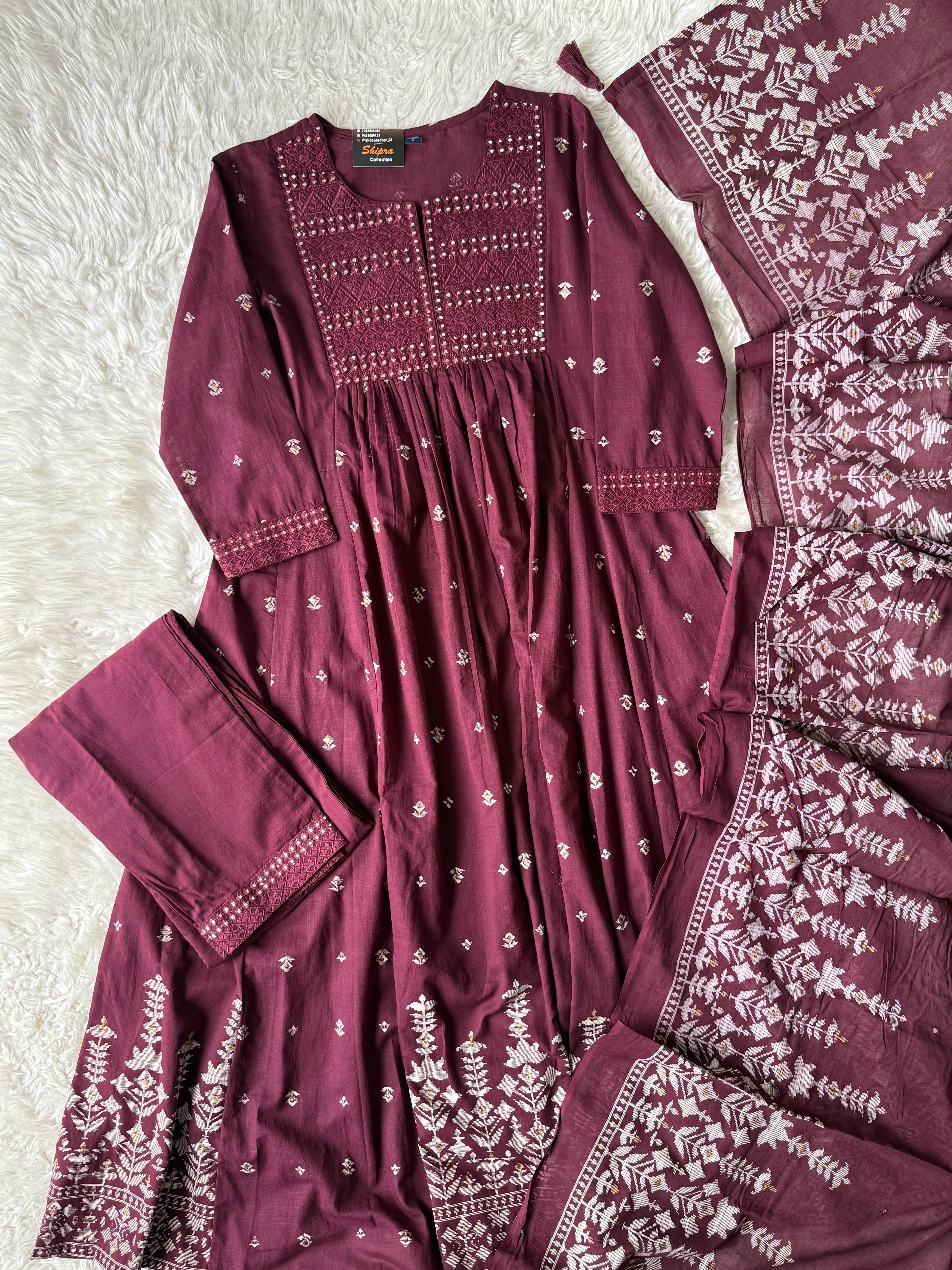 Premium Cotton ANARKALI Kurti Pant Dupatta Set