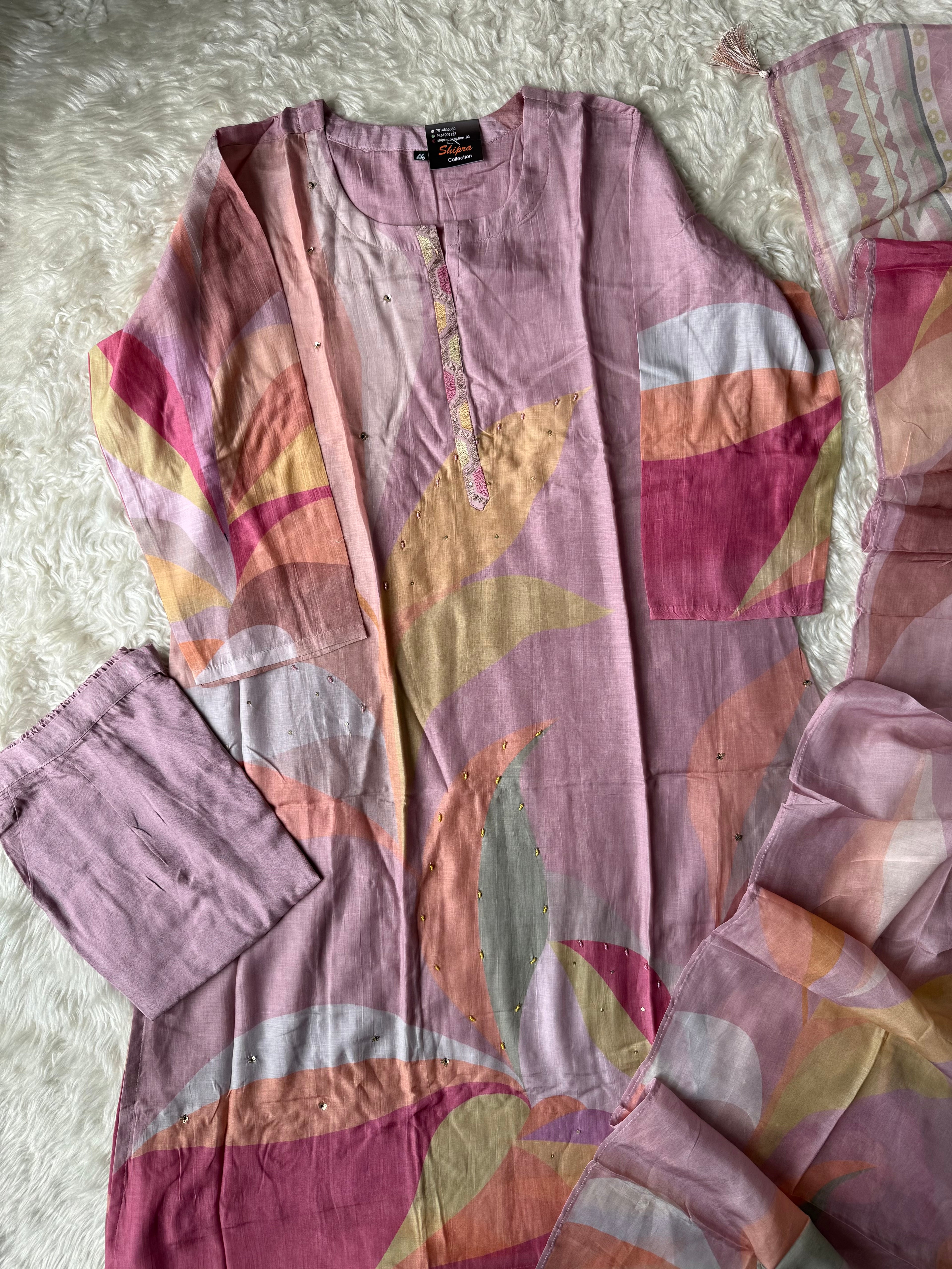 “ Plus Size” Butter Silk Kurti Pant Dupatta Set