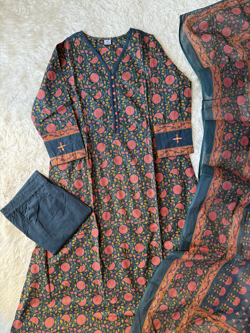 Premium Cotton Aline Kurti Plazo Dupatta Set