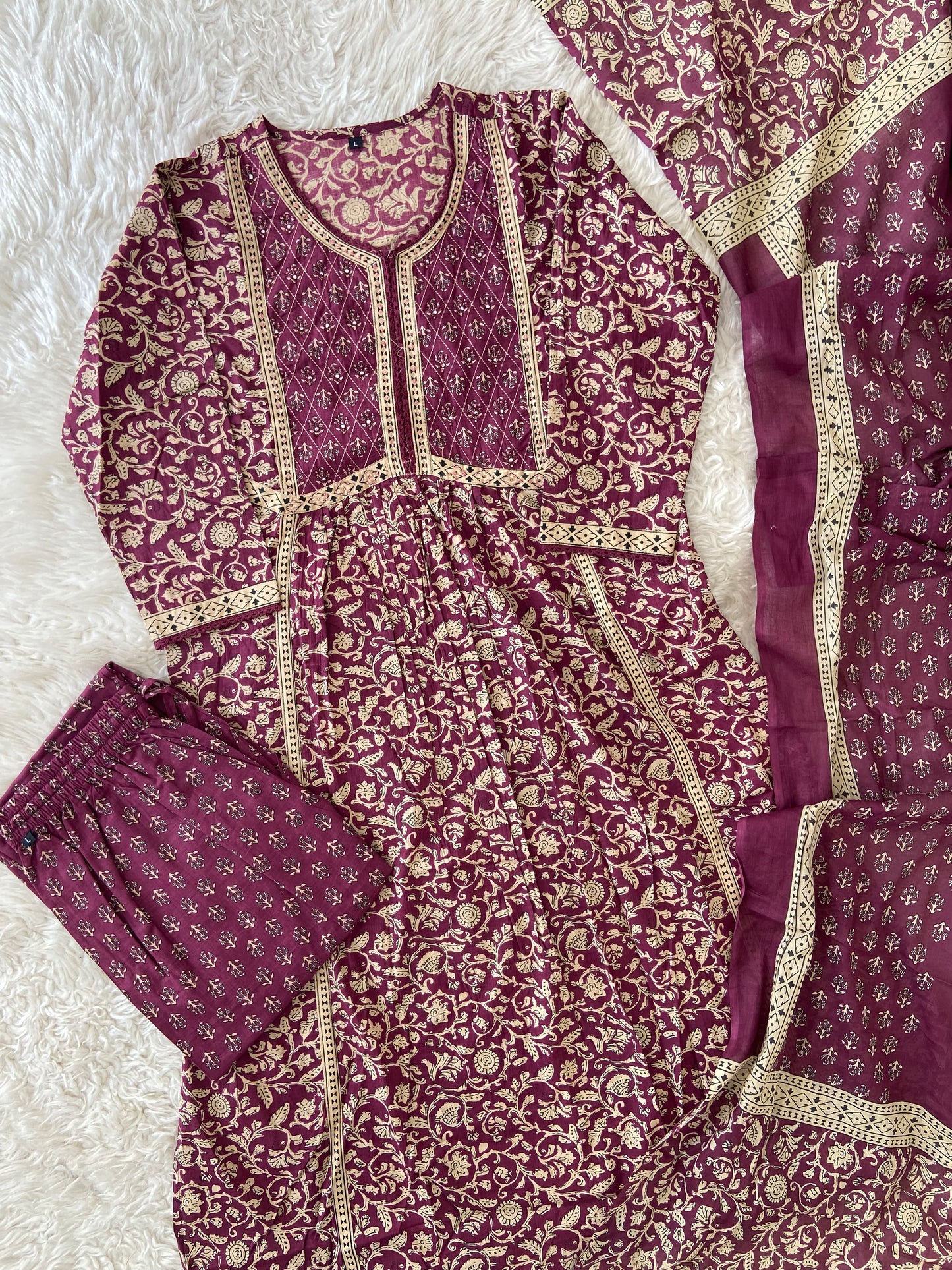 Jaipuri Print A-Line Kurti Pant Dupatta Set
