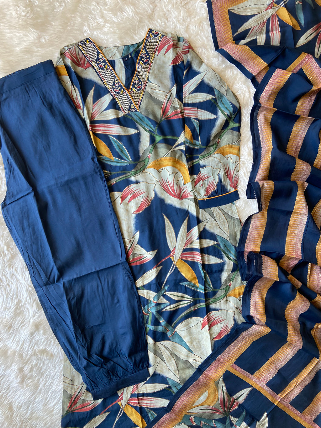 Muslin Silk Kurti Afghani Pant Dupatta Set
