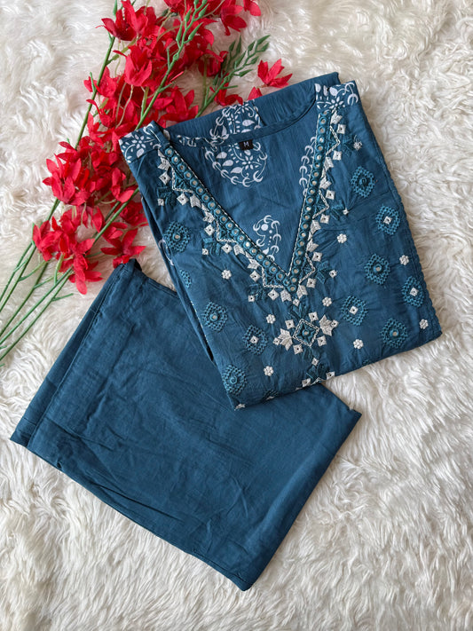 Cotton Thread Work Kurti Pant Set