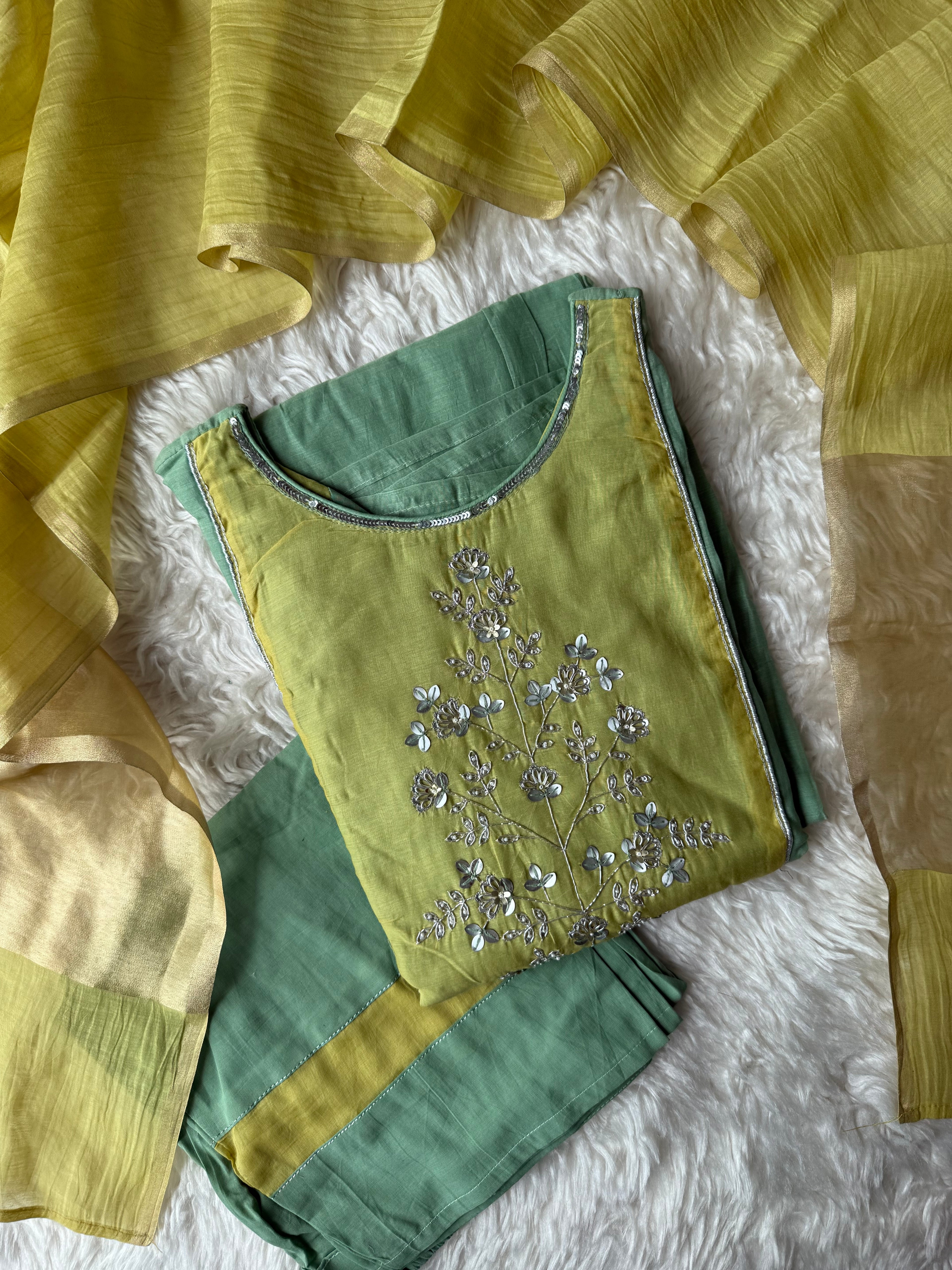 “Plus Size” Mul Chanderi Kurti Pant Dupatta Set