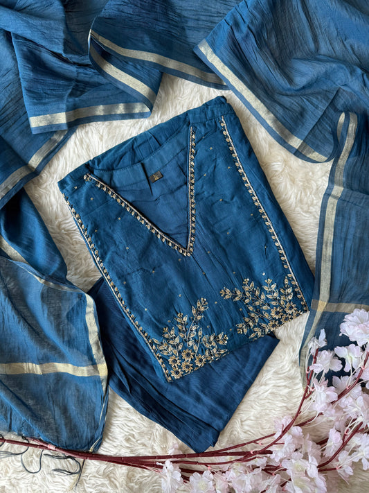Pure Mul Chanderi Kurti Pant Dupatta Set