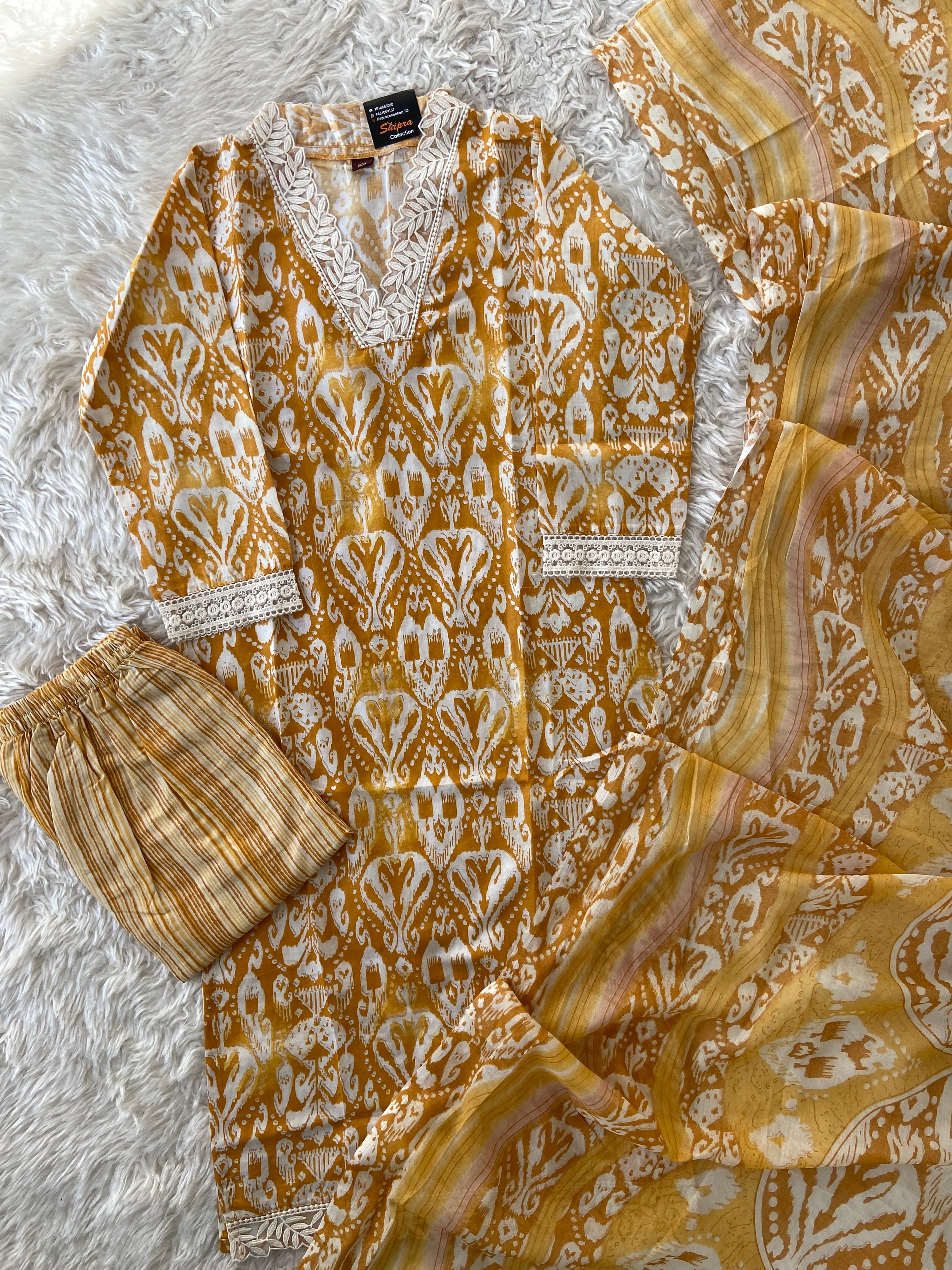 Lace Details Kurti Pant Dupatta Set