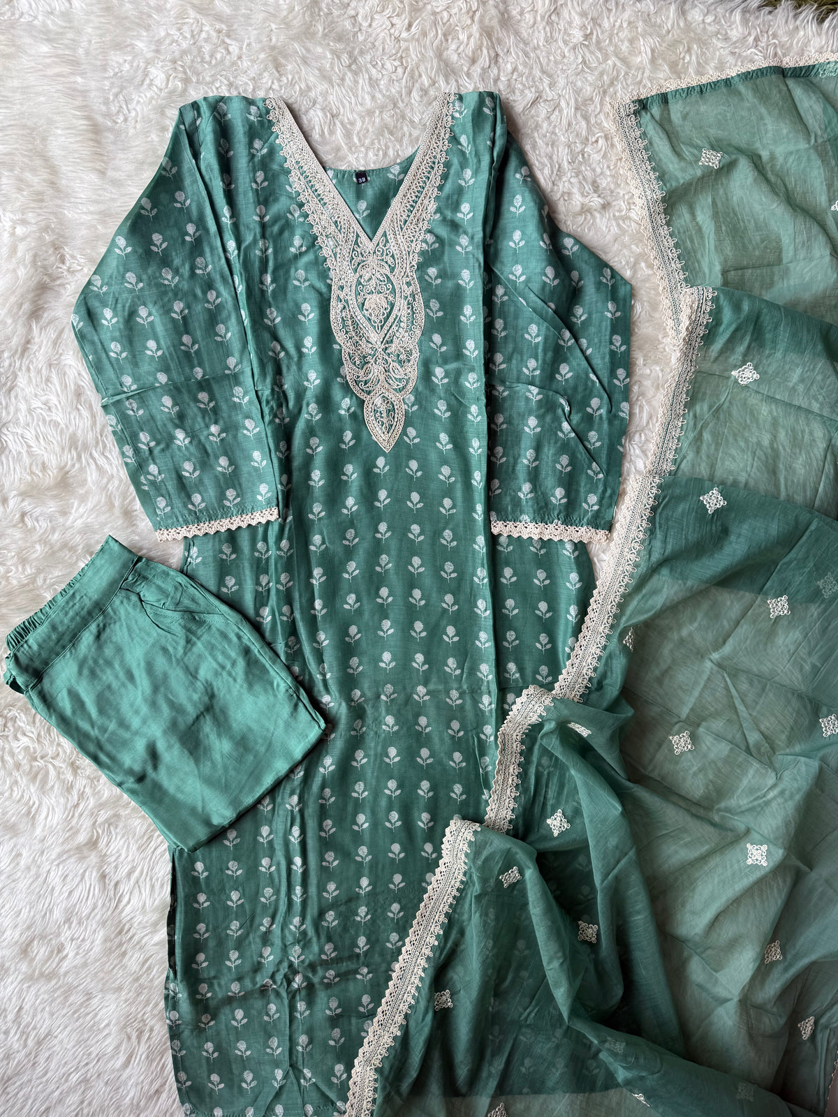 Pure Muslin Silk Kurti Pant Dupatta Set