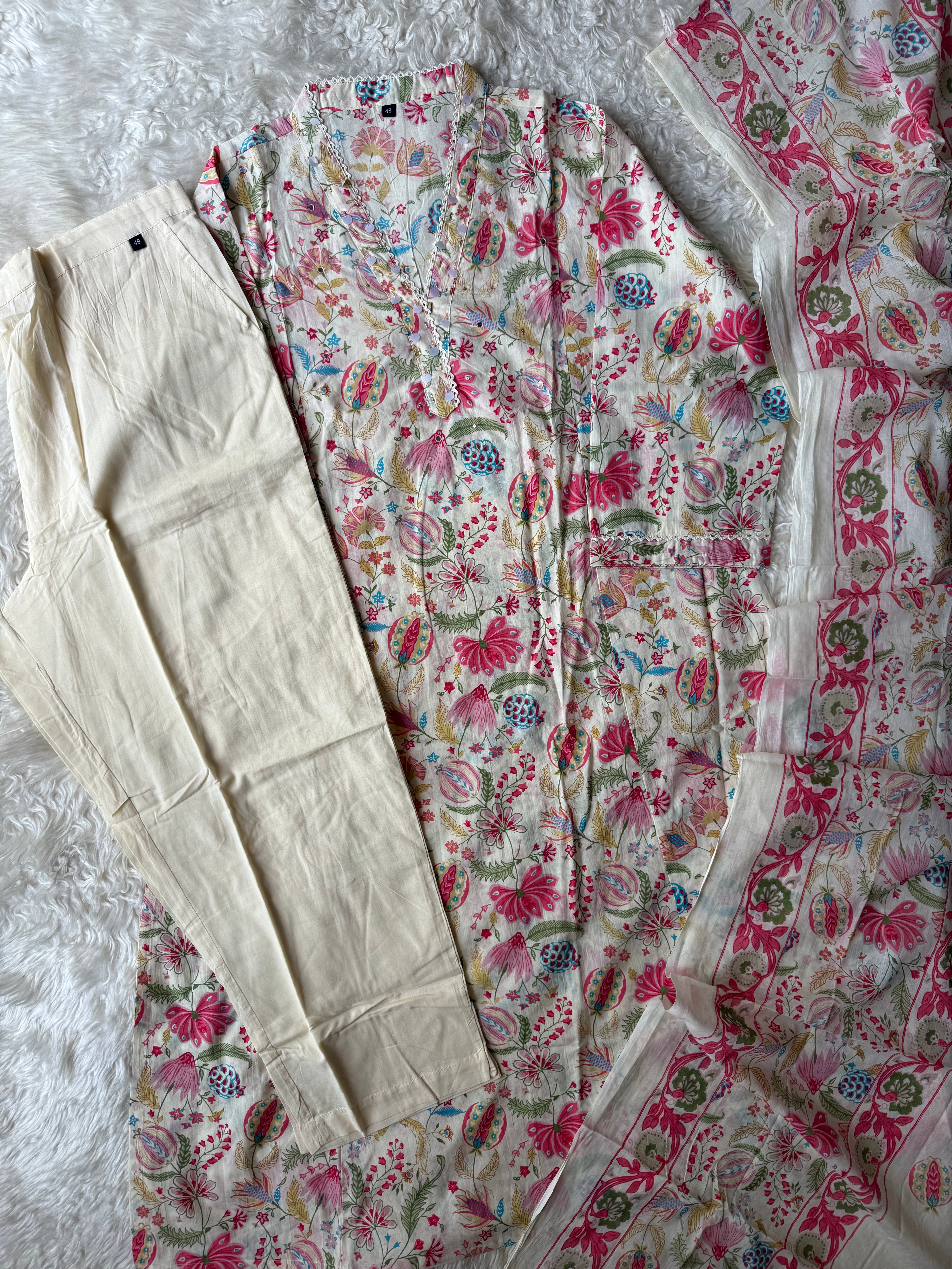 Premium Cotton Aline Kurti Pant Dupatta Set