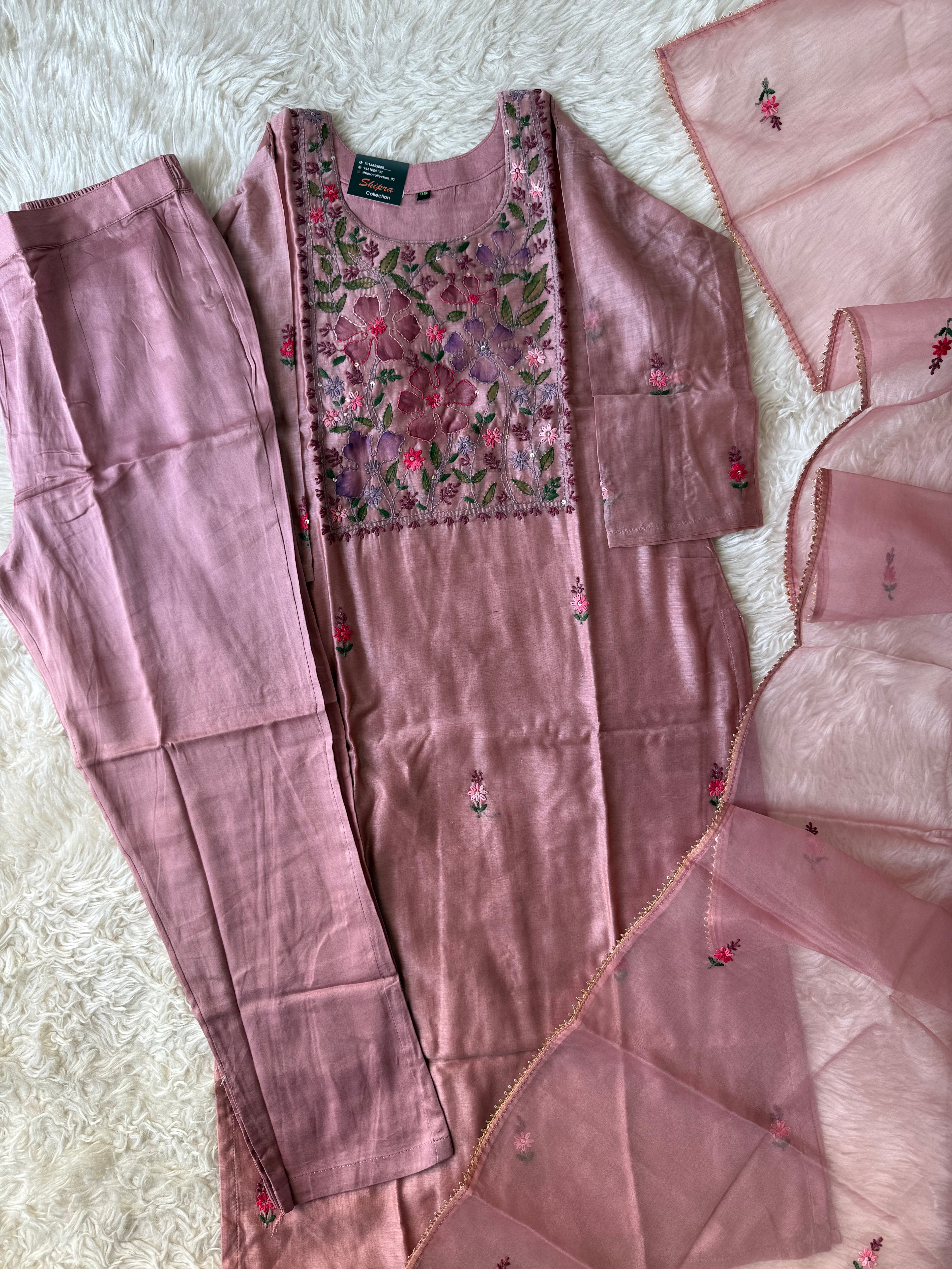 Pure Chanderi Silk Kurti Pant Dupatta Set