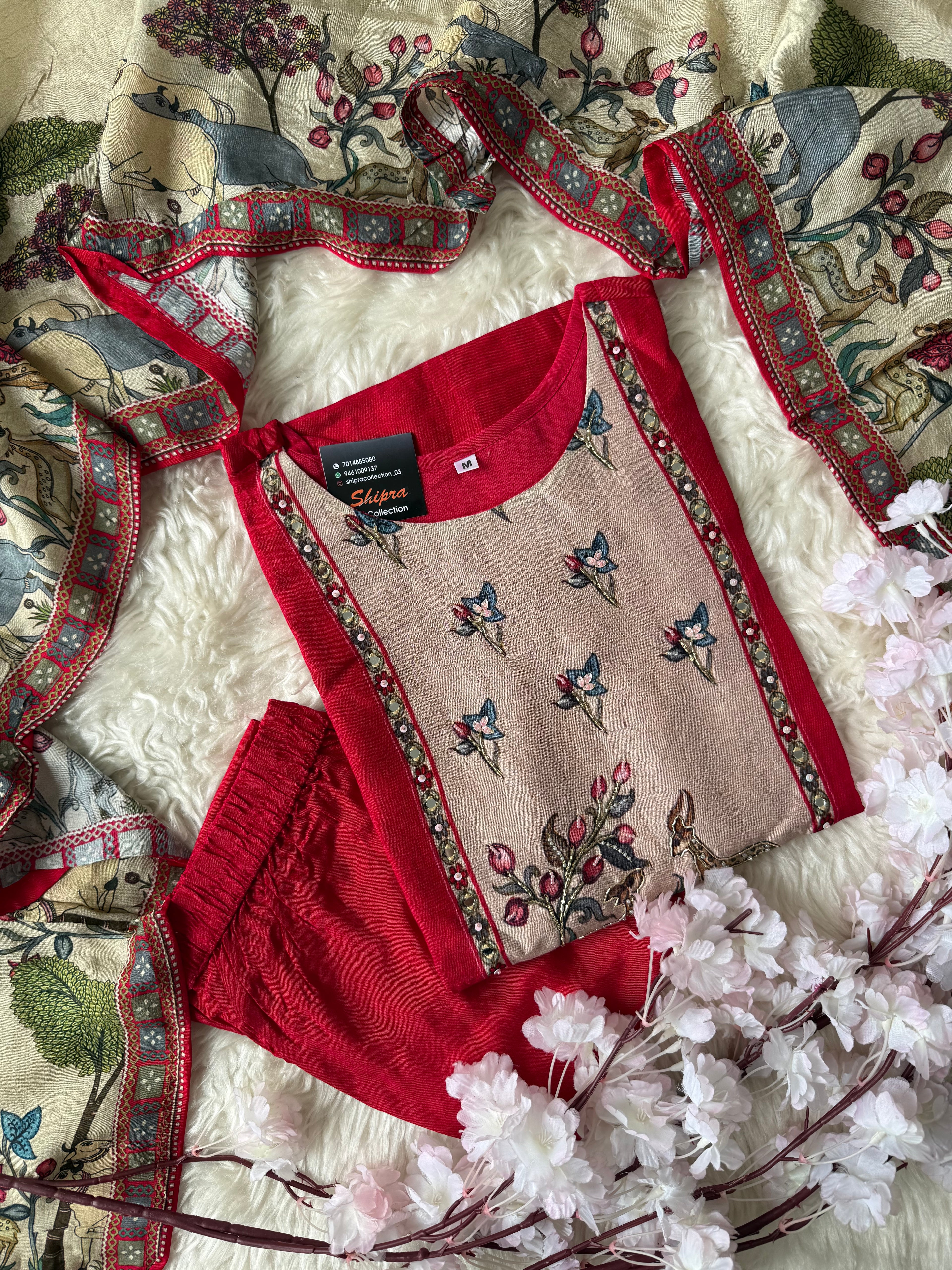 Russian Silk Kurti Pant Dupatta Set
