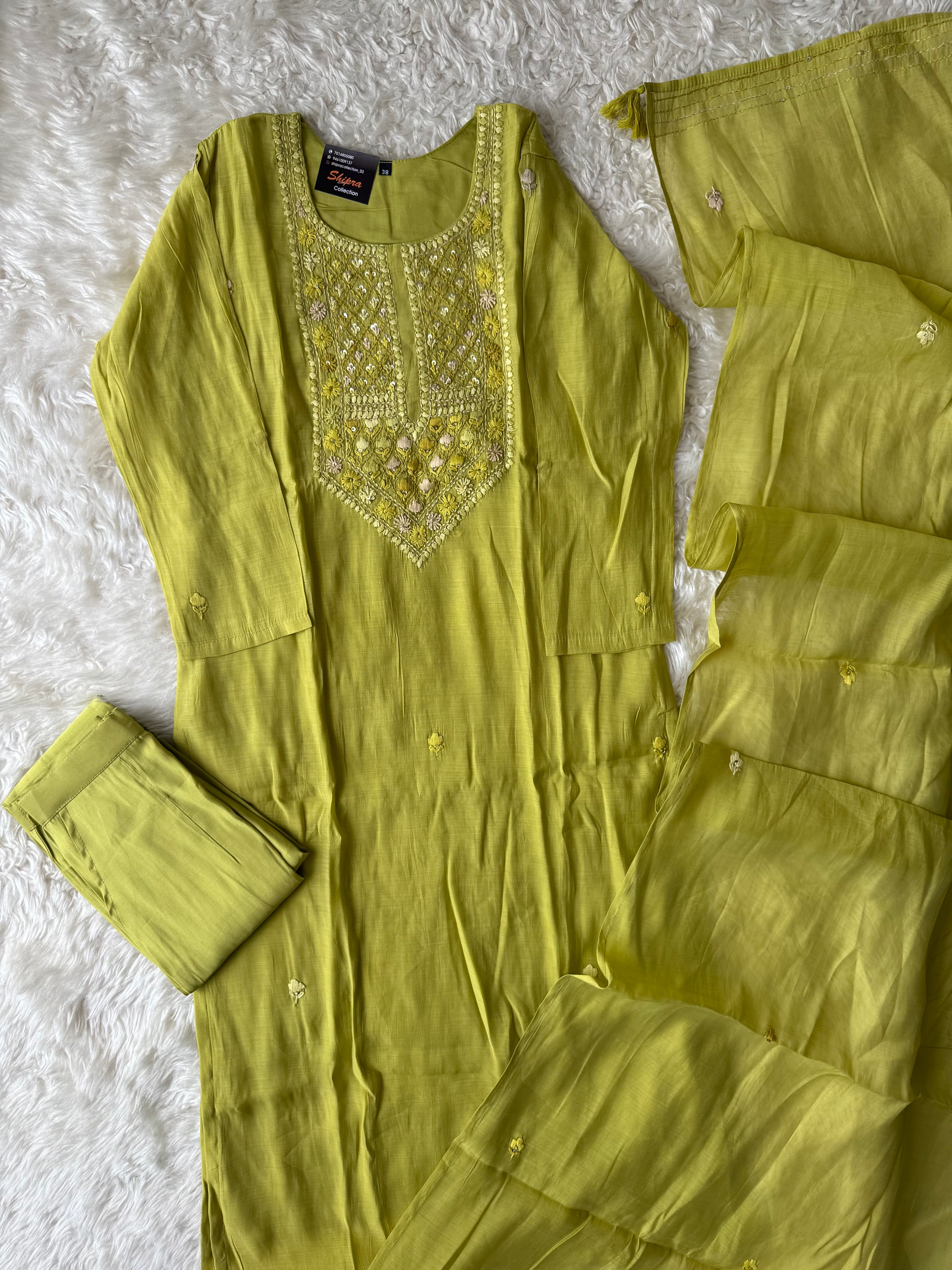Mul Chanderi Kurti Pant Dupatta Set