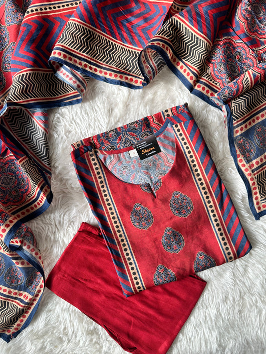 Pure Muslin Silk Kurti Pant Dupatta Set