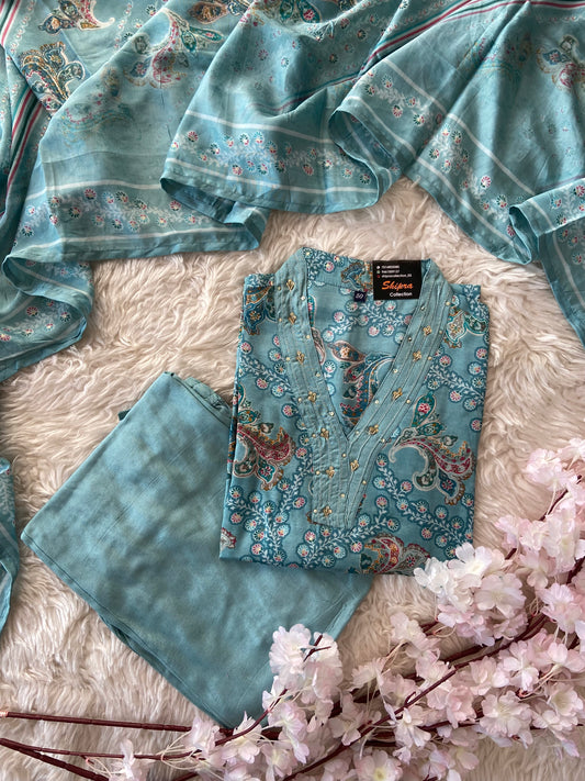 Premium Muslin Silk Kurti Pant Dupatta Set