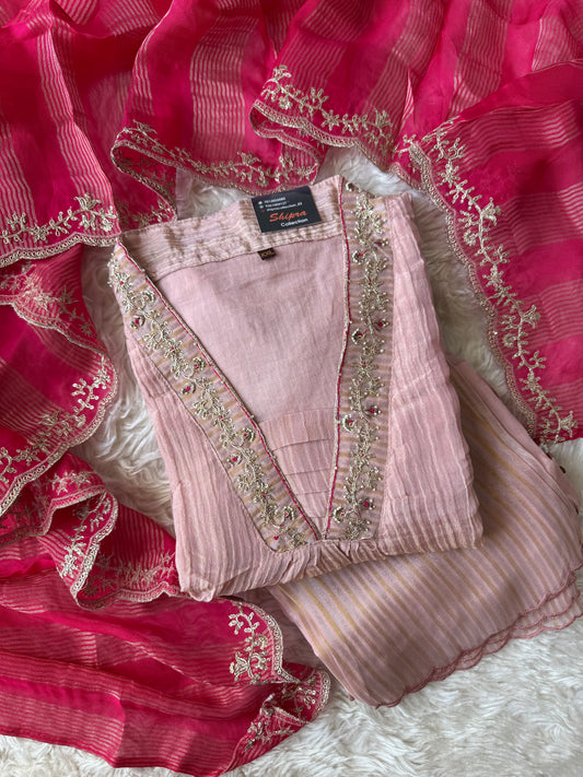 Pure Mul Chanderi Kurti Pant Dupatta Set