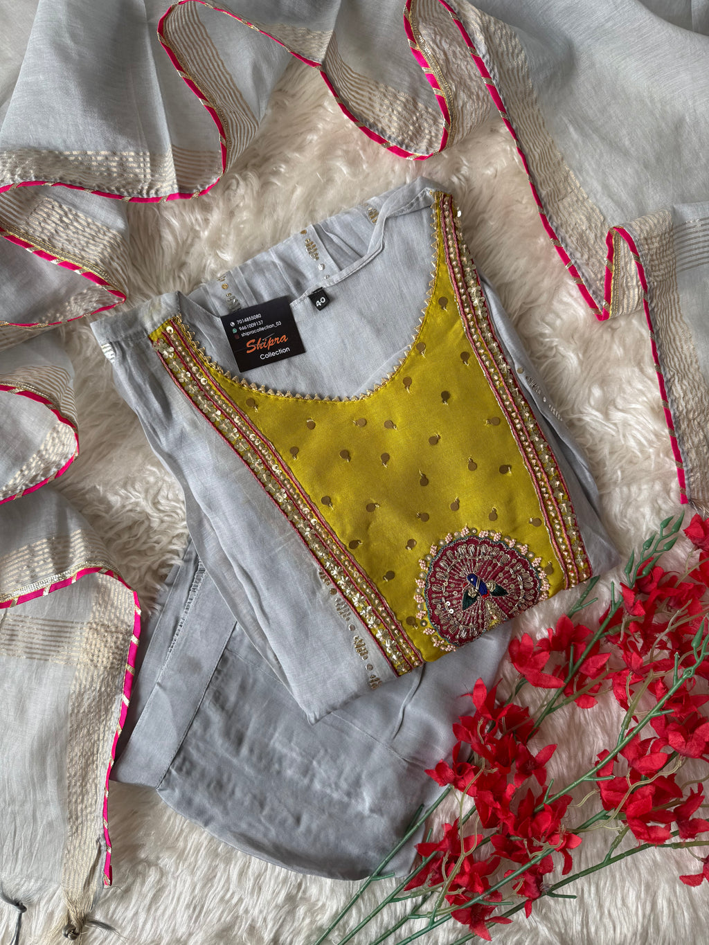 Mul Chanderi Kurti Pant Dupatta Set