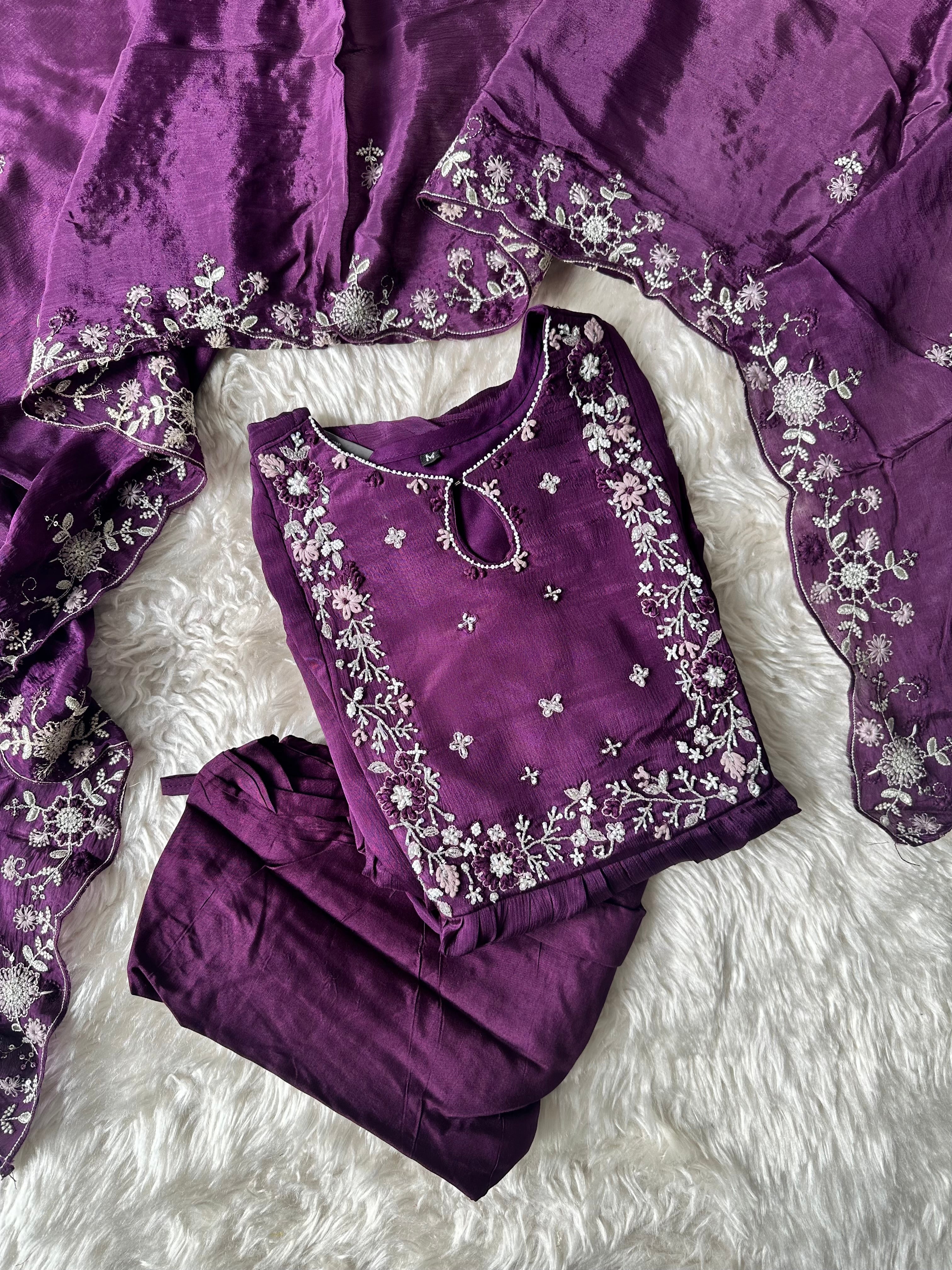 Pure Chinon Kurti Pant Dupatta Set