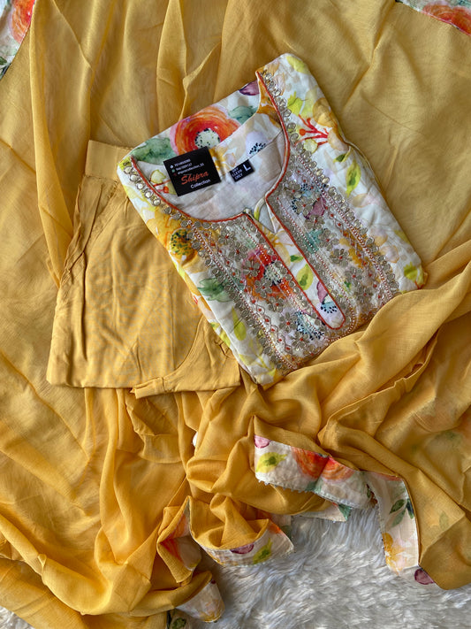 Stock Clearance 🚨
 Premium Muslin Silk Kurti Pant Dupatta Set
