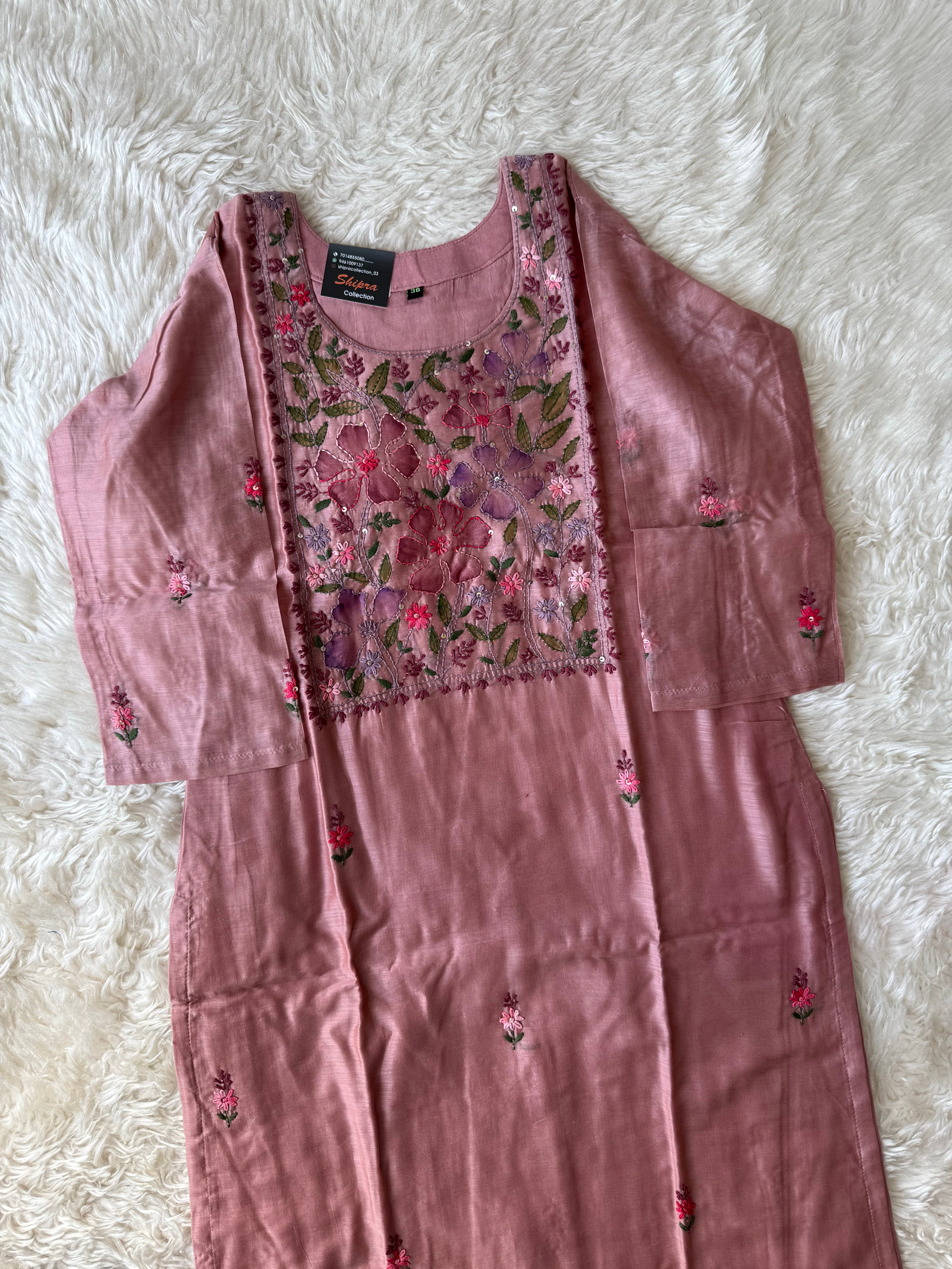 Pure Chanderi Silk Kurti Pant Dupatta Set