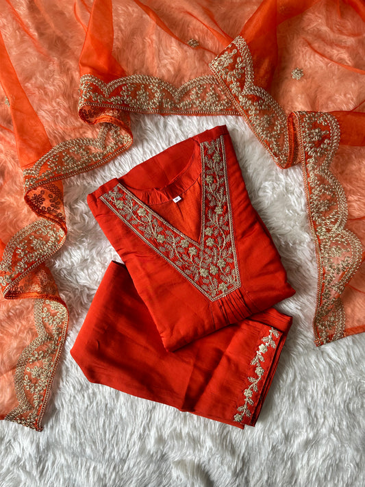 Pure Muslin Silk Kurti Pant Dupatta Set