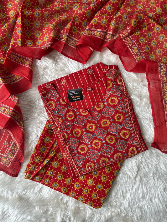 Pure Cotton Kurti Pant Plazo Dupatta Set