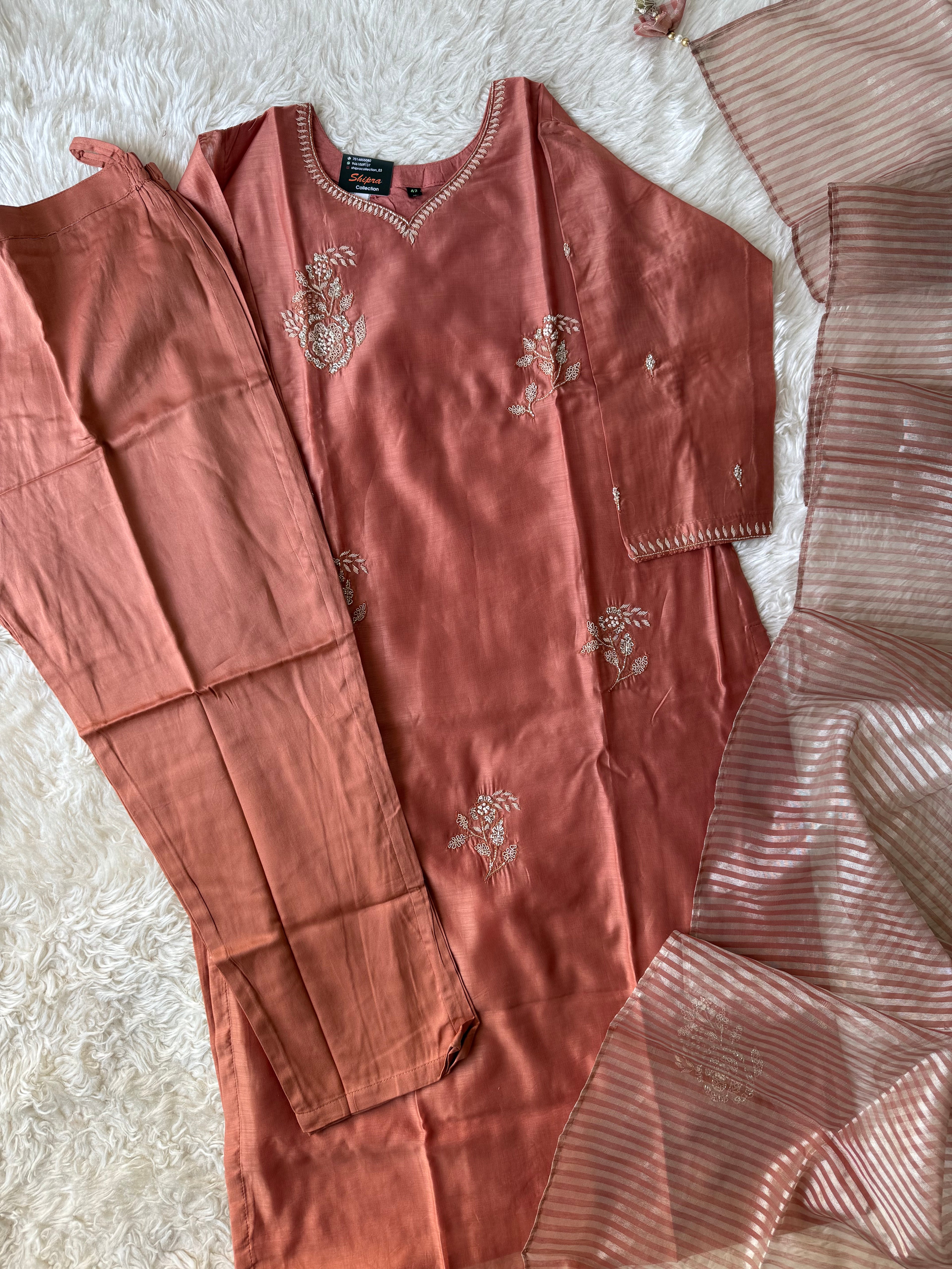 Pure Chanderi Silk Kurti Pant Dupatta Set