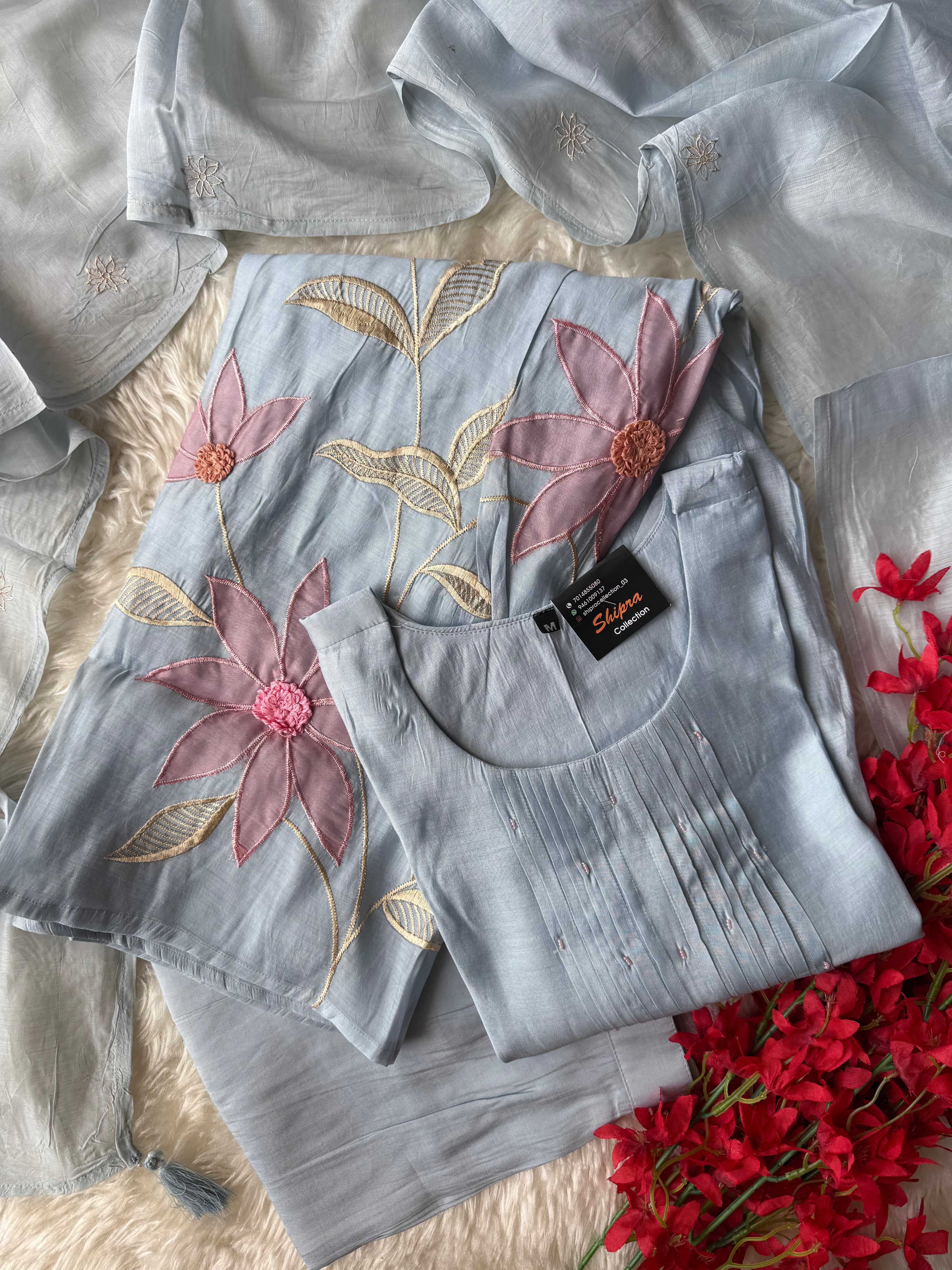 Mul Chanderi Kurti Pant Dupatta Set
