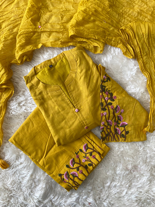 Premium Cotton Thread Work Kurti Pant Dupatta Set