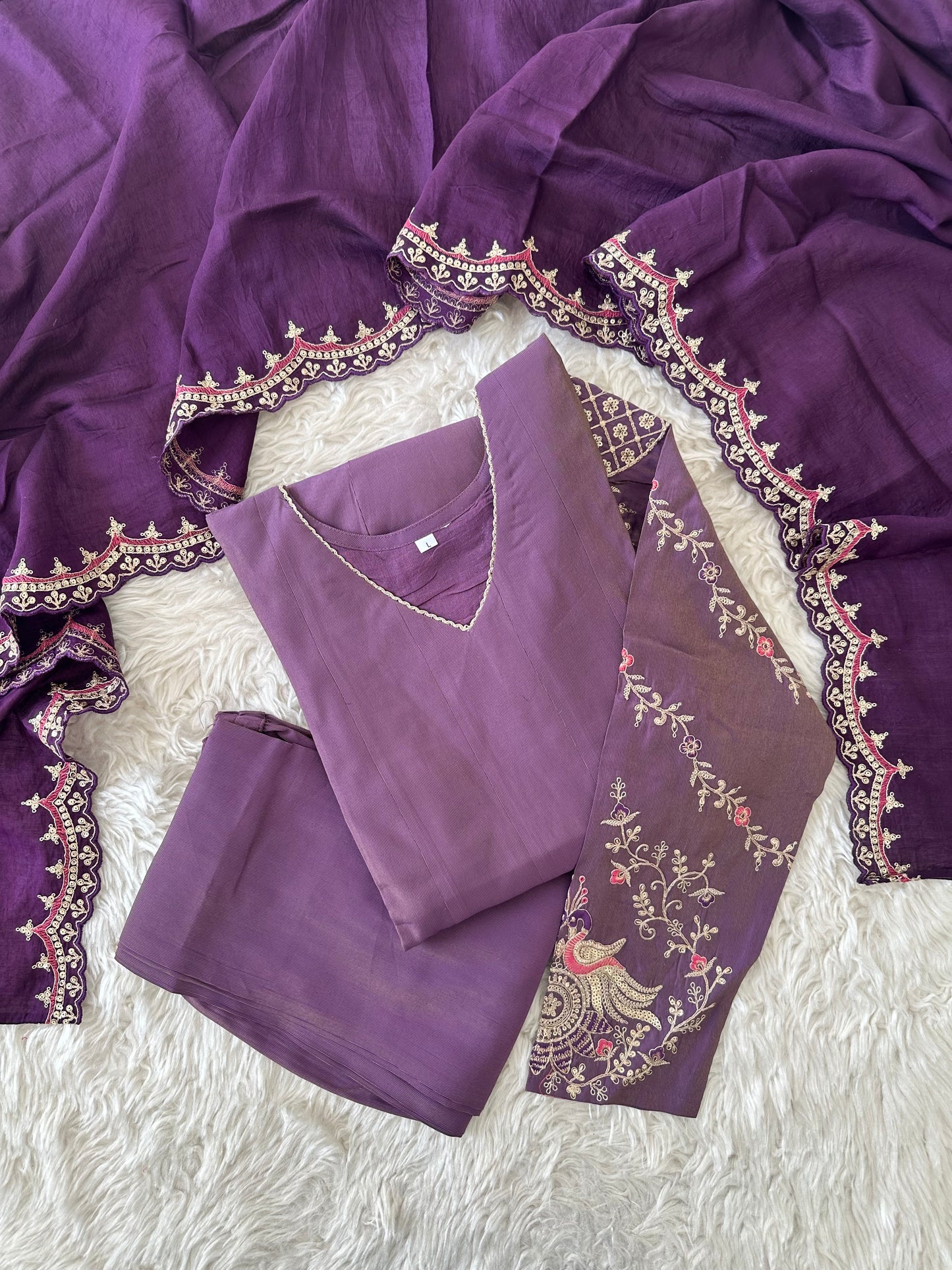 Pure Muslin Silk Flare Kurti Pant Dupatta Set