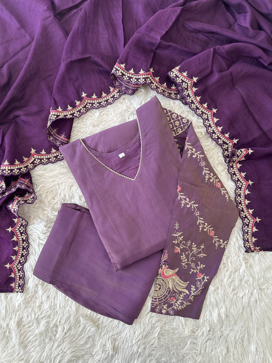 Pure Muslin Silk Flare Kurti Pant Dupatta Set