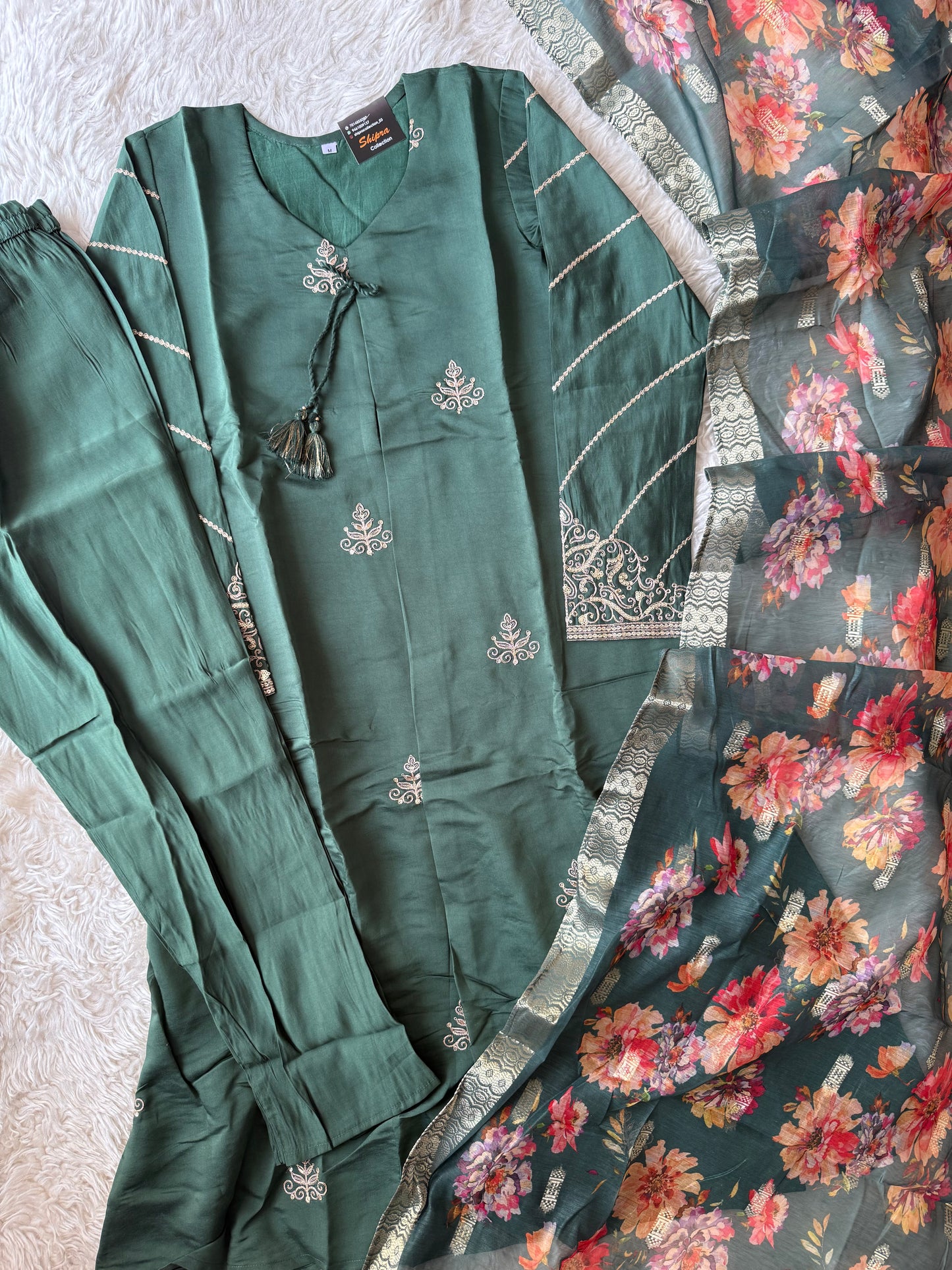 Pure Muslin Silk Kurti Pant Organza Dupatta Set