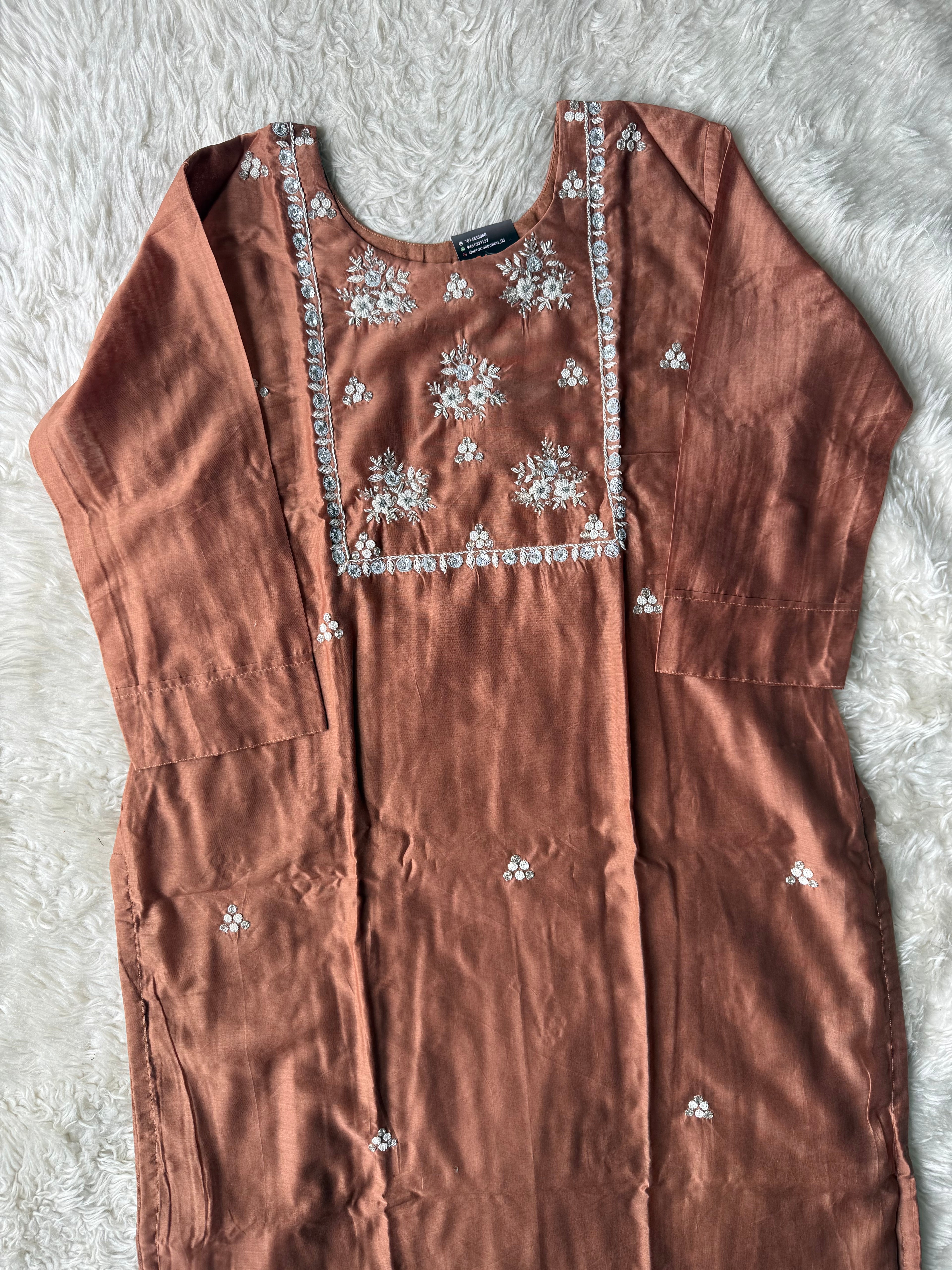 “Plus Size” Pure Chanderi Silk Kurti Pant Dupatta Set