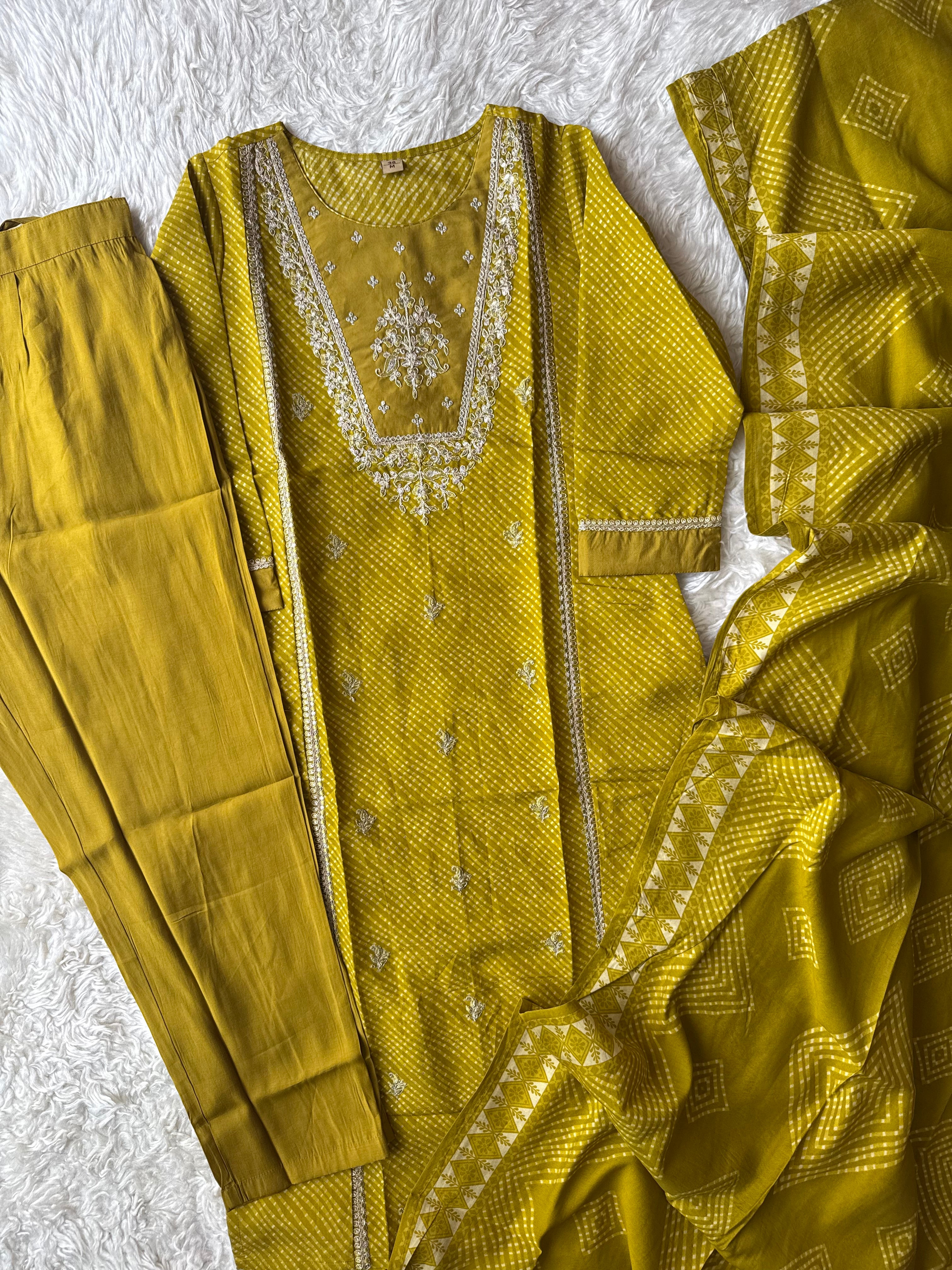 Pure Muslin Silk Kurti Pant Dupatta Set