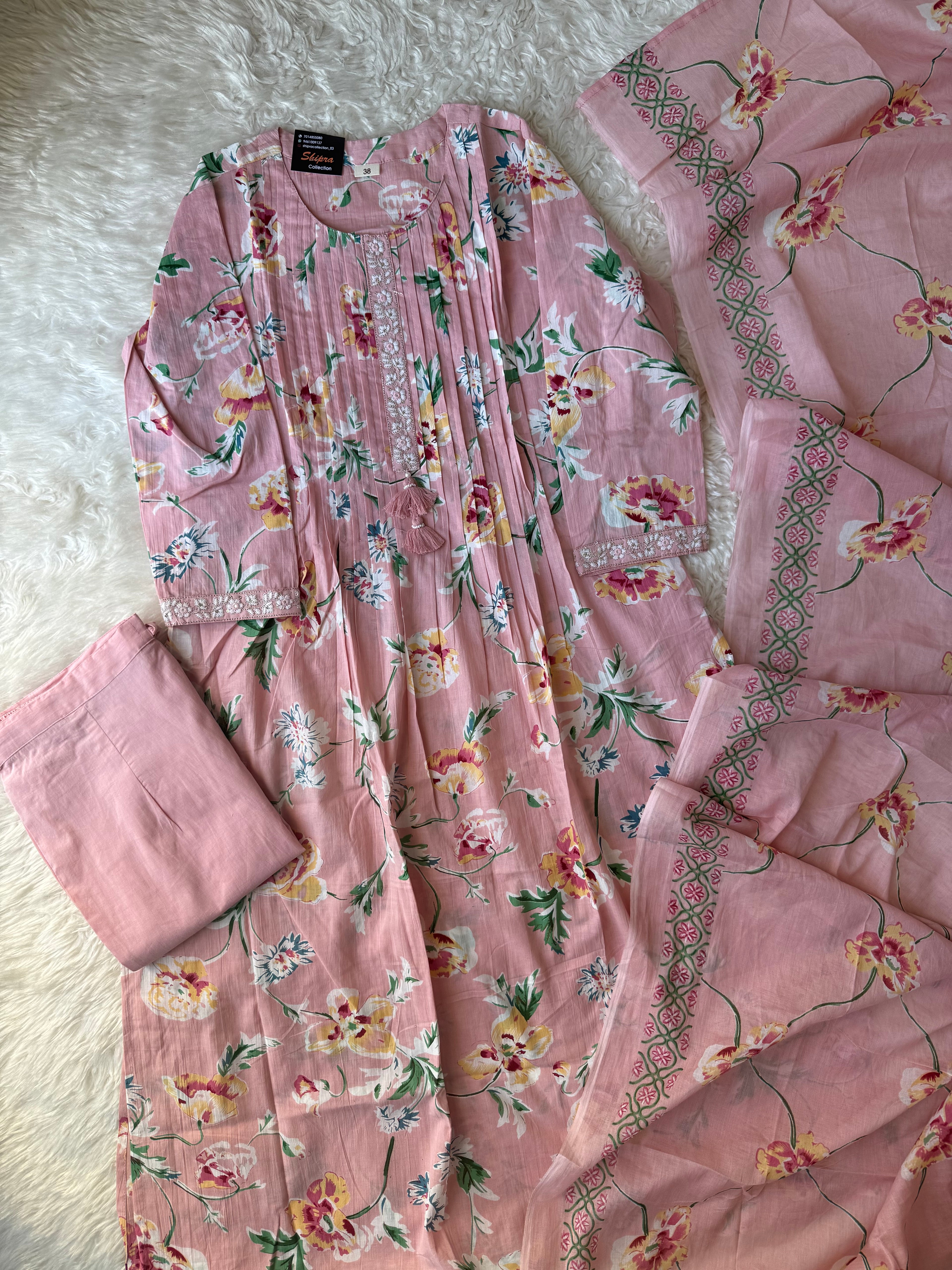 Premium Cotton Aline Kurti Pant Dupatta Set