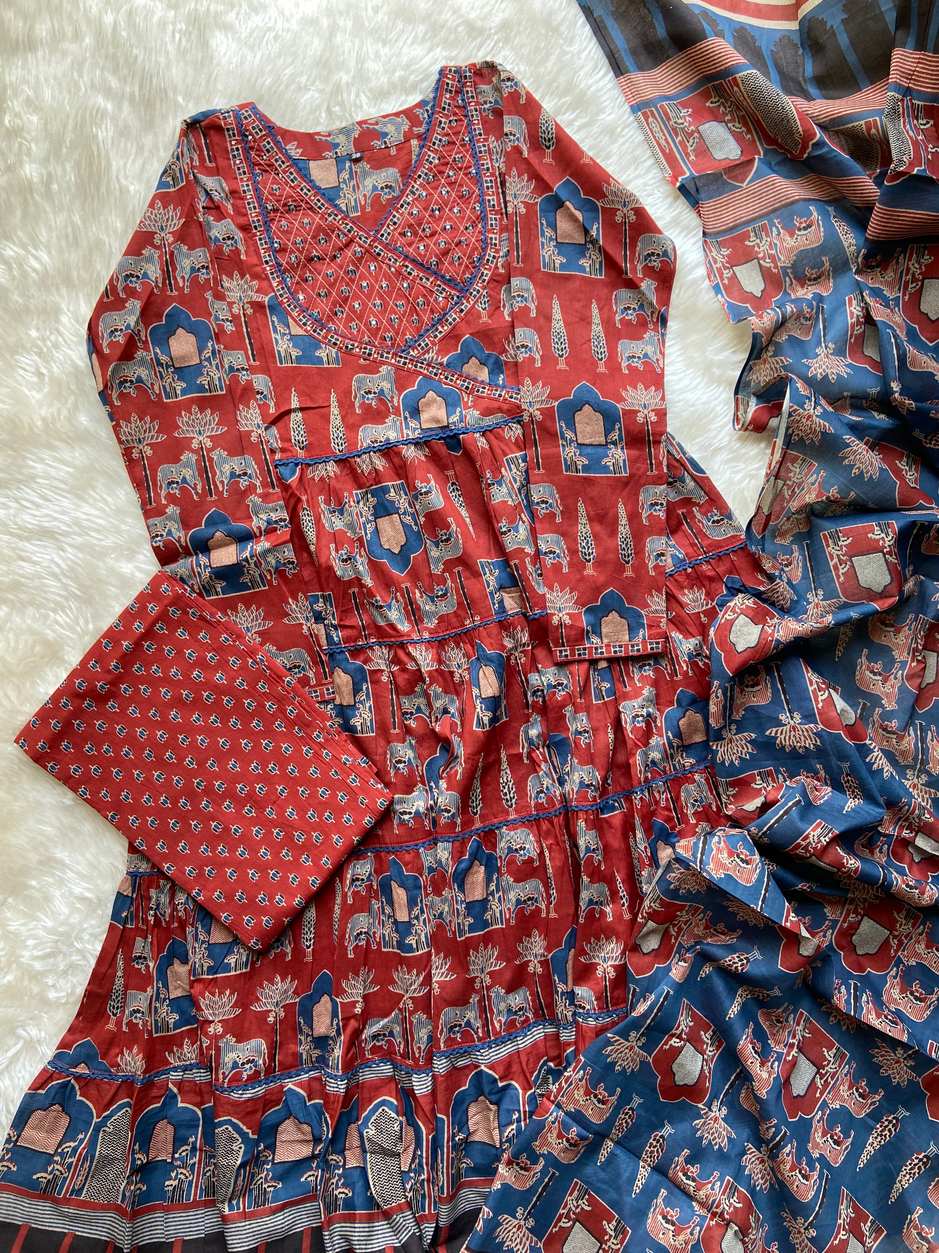 Premium Cotton ANARKALI Kurti Pant Dupatta Set