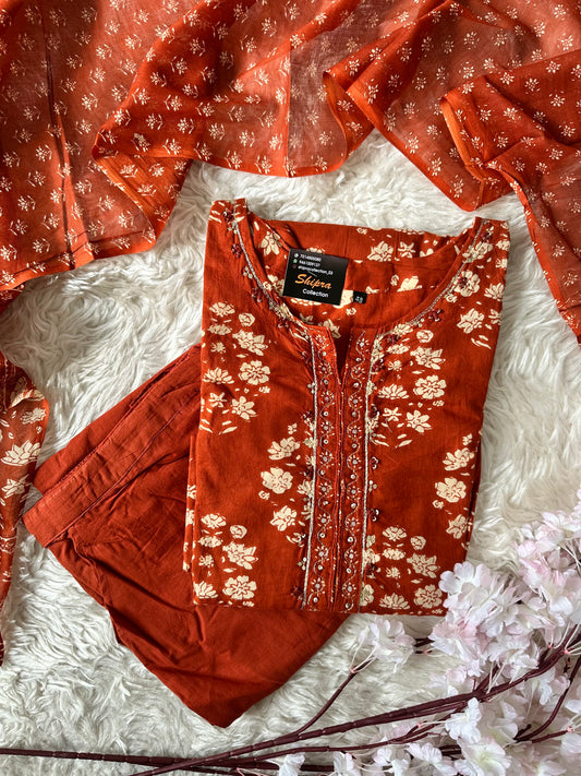 Breathable Cotton Kurti Pant Cotton Dupatta Set