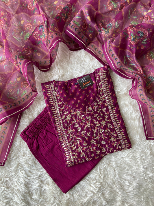 Chanderi Silk Kurti Pant Dupatta Set