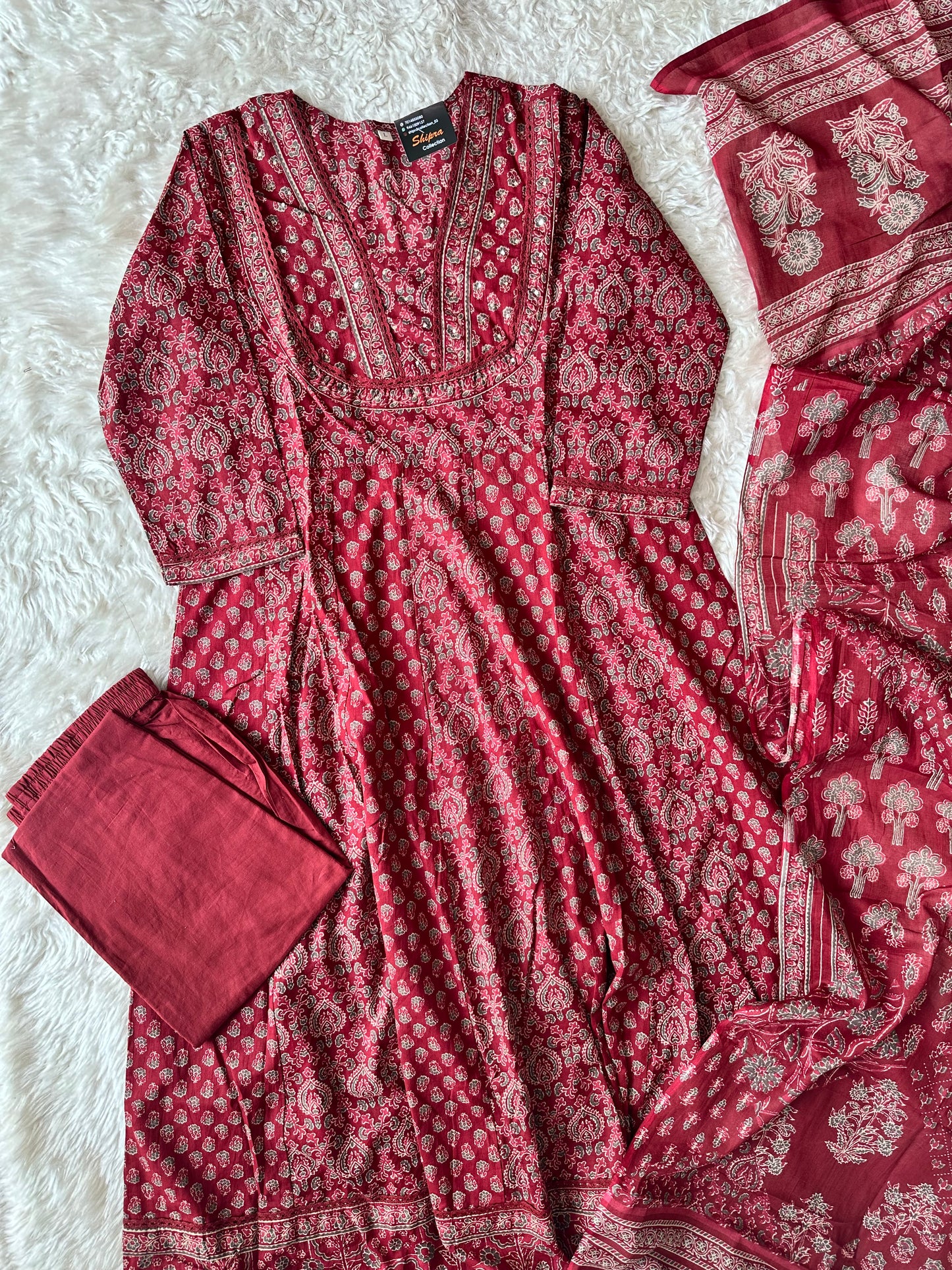 Premium Cotton ANARKALI Kurti Pant Dupatta Set
