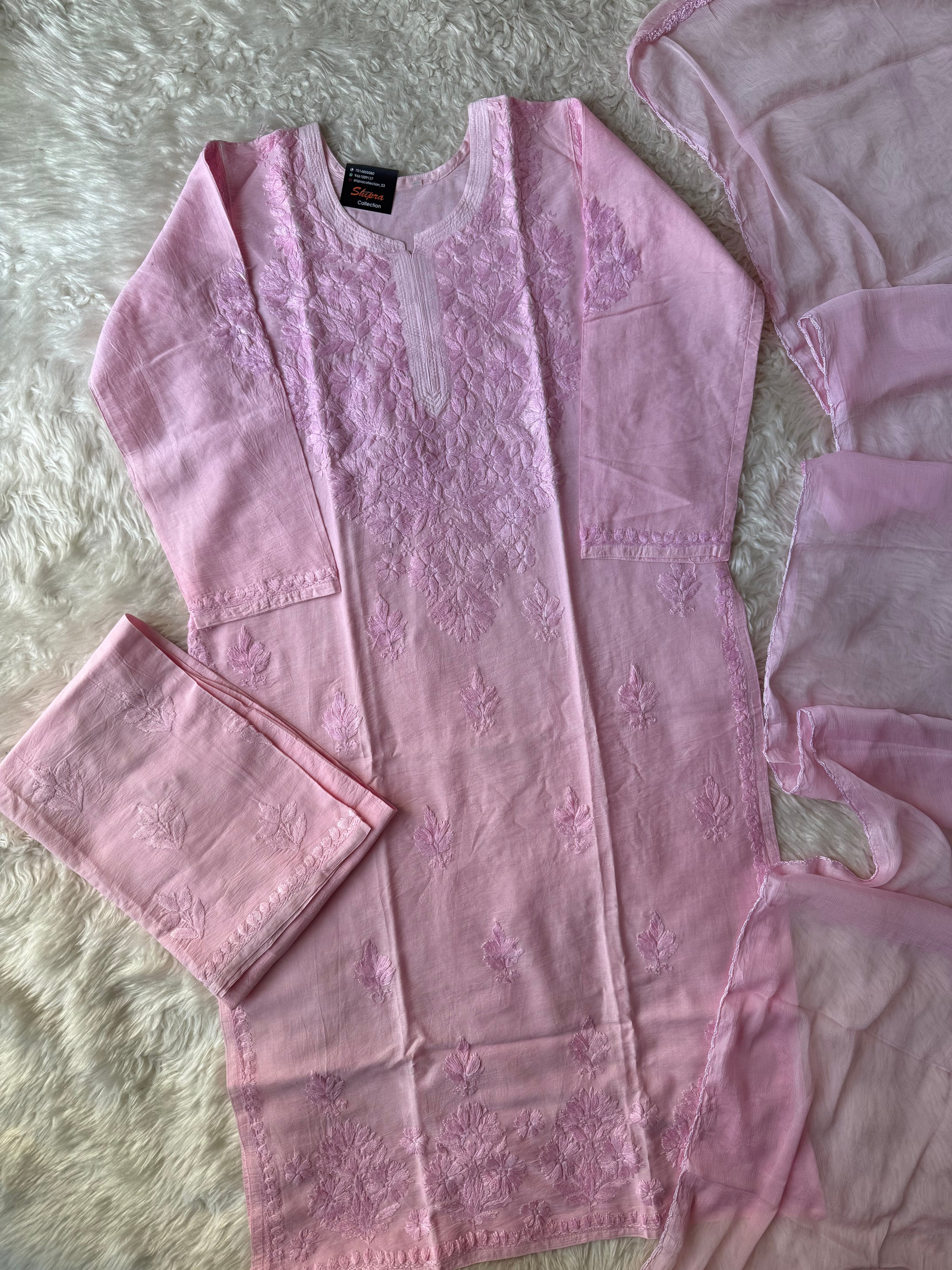 Chanderi Silk Chikankari Kurti Pant Dupatta Set