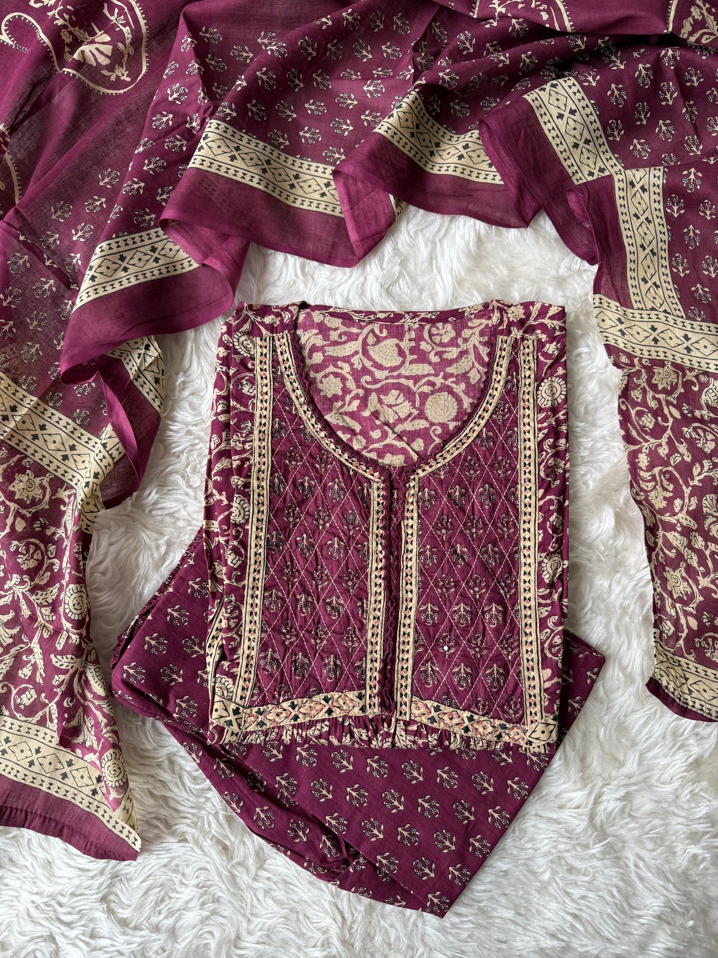 Jaipuri Print A-Line Kurti Pant Dupatta Set