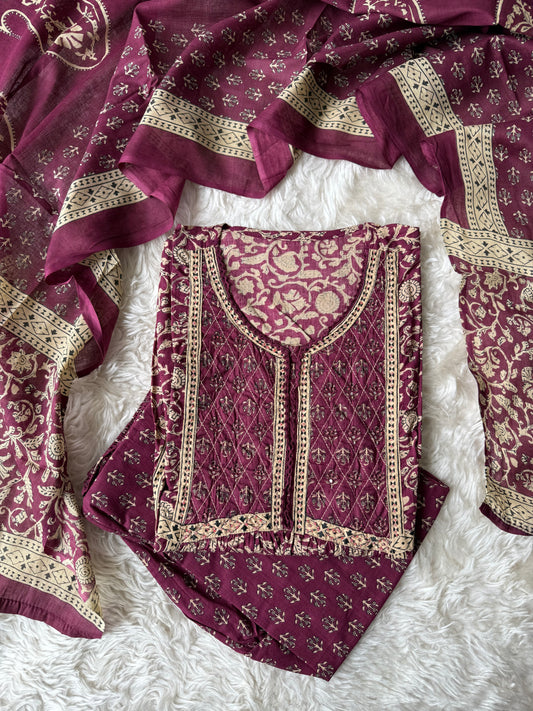 Jaipuri Print A-Line Kurti Pant Dupatta Set