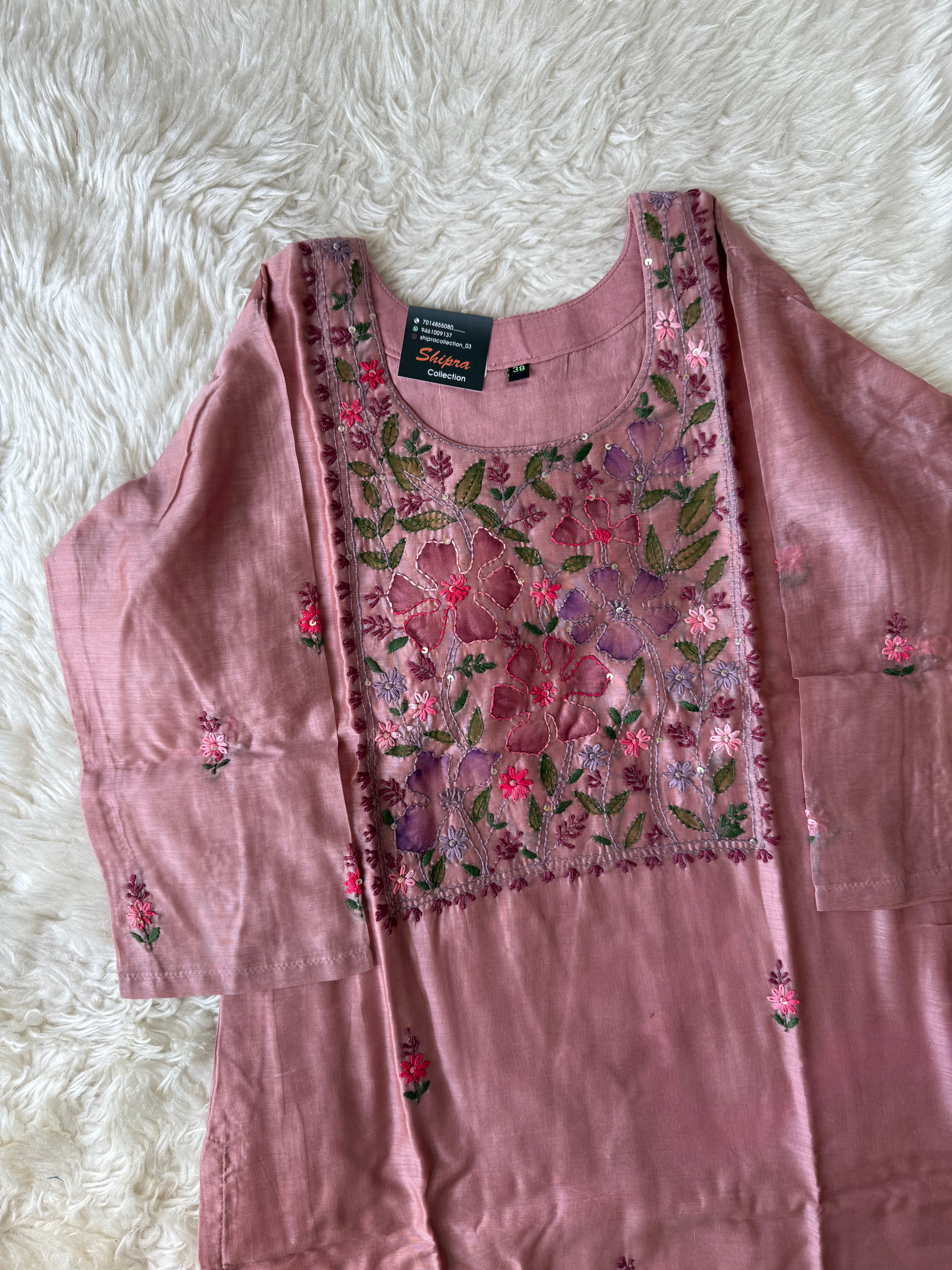 Pure Chanderi Silk Kurti Pant Dupatta Set