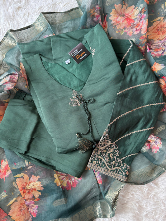 Pure Muslin Silk Kurti Pant Organza Dupatta Set