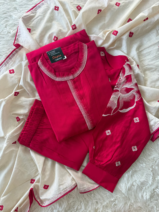 Pure Muslin Silk Kurti Pant Dupatta Set