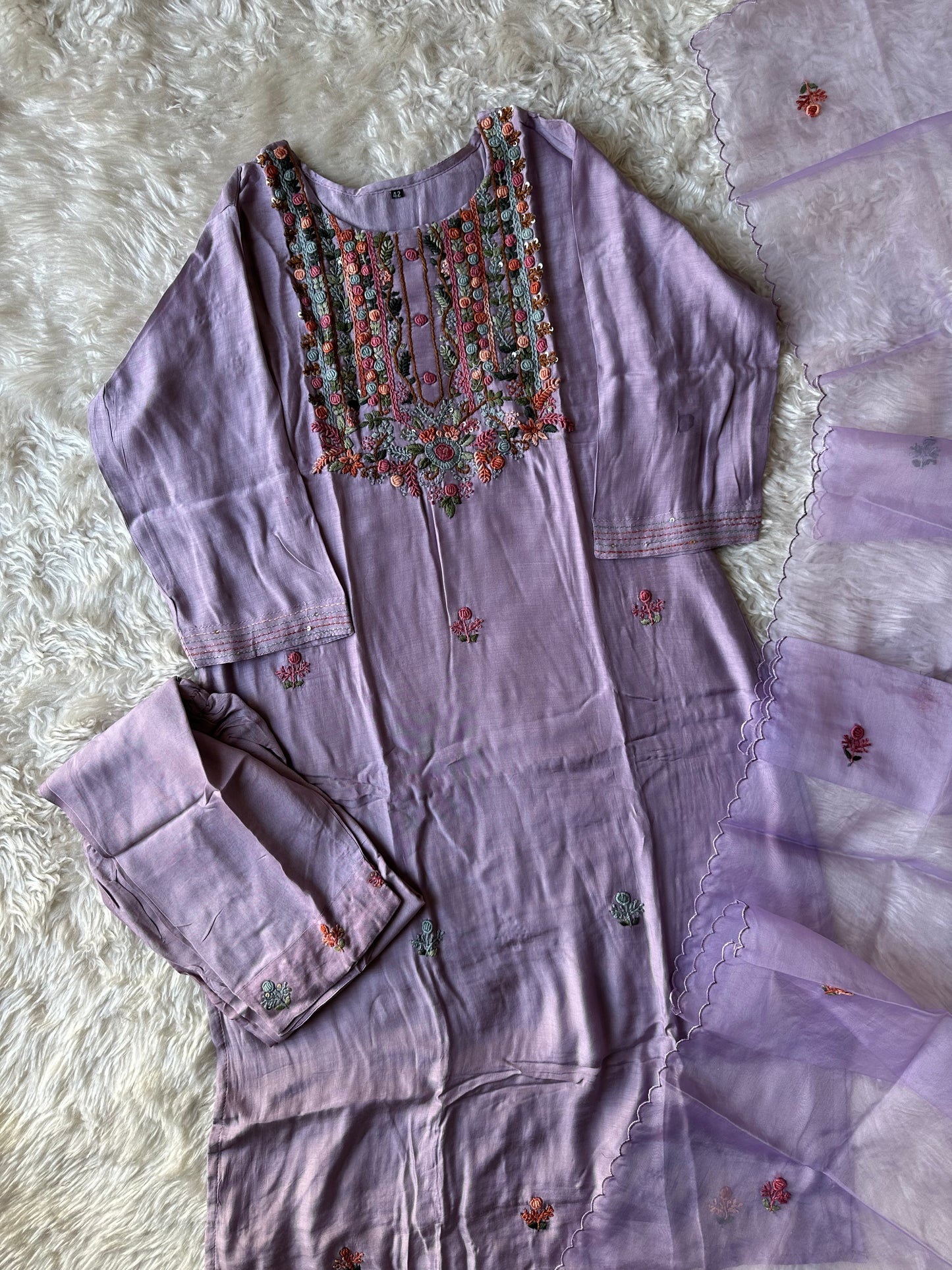 Pure Silk Embroidery Kurti Pant Dupatta Set