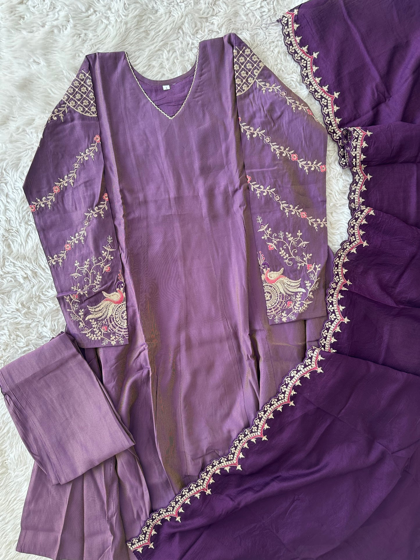 Pure Muslin Silk Flare Kurti Pant Dupatta Set