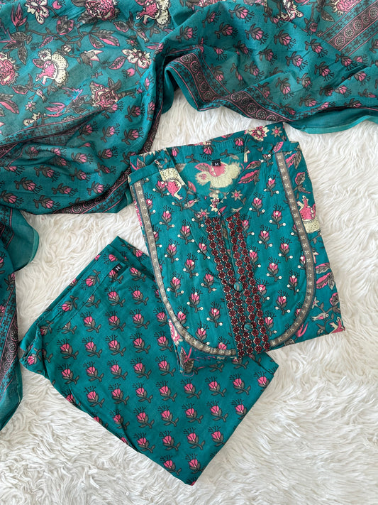 Budget Friendly Flare Kurti Pant Dupatta Set