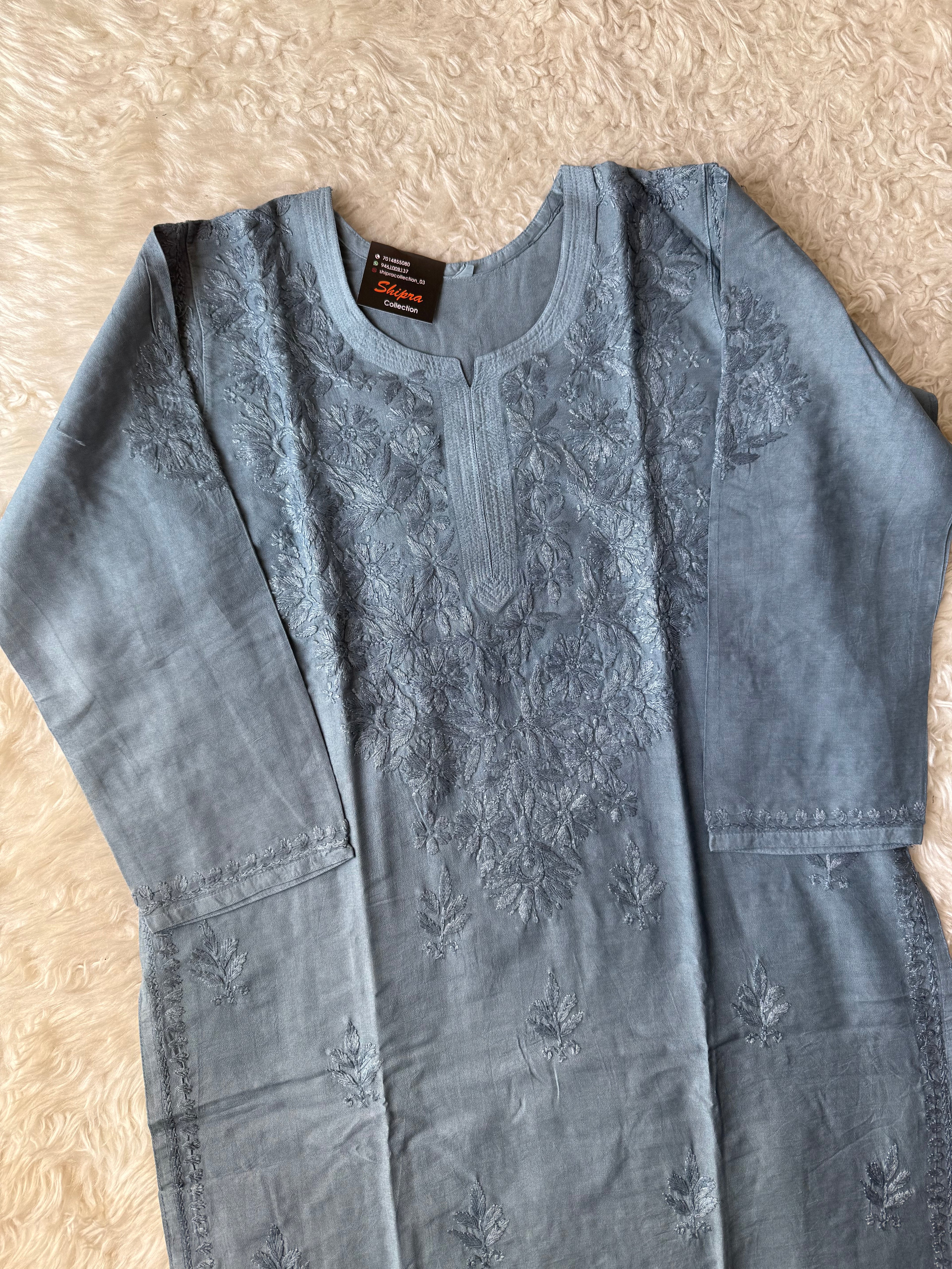 Chanderi Silk Chikankari Kurti Pant Dupatta Set