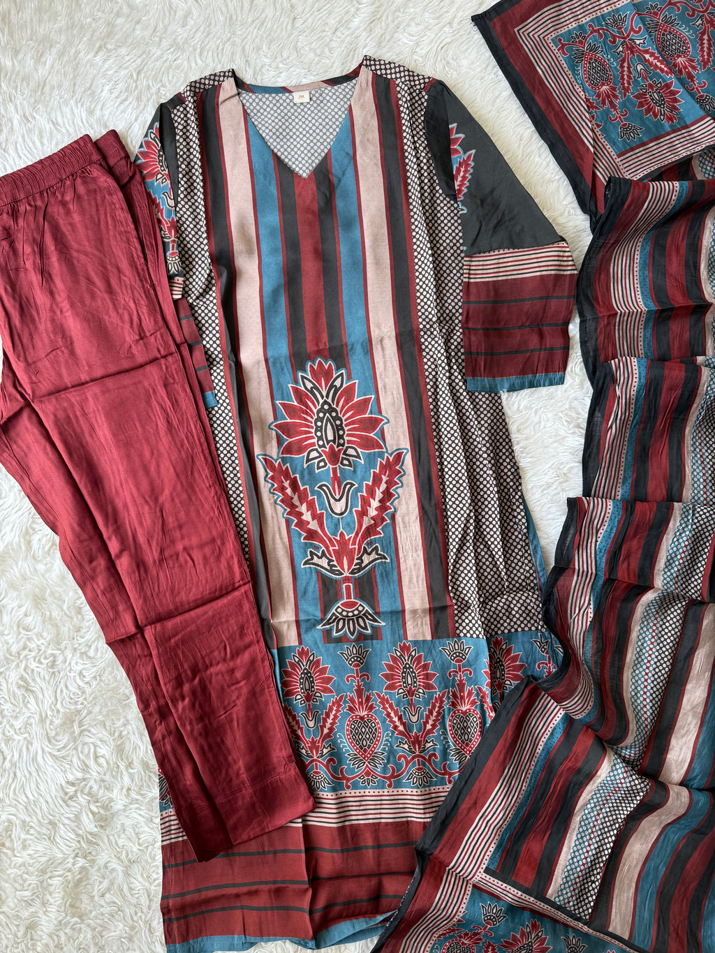 Pure Muslin Silk Kurti Pant Dupatta Set