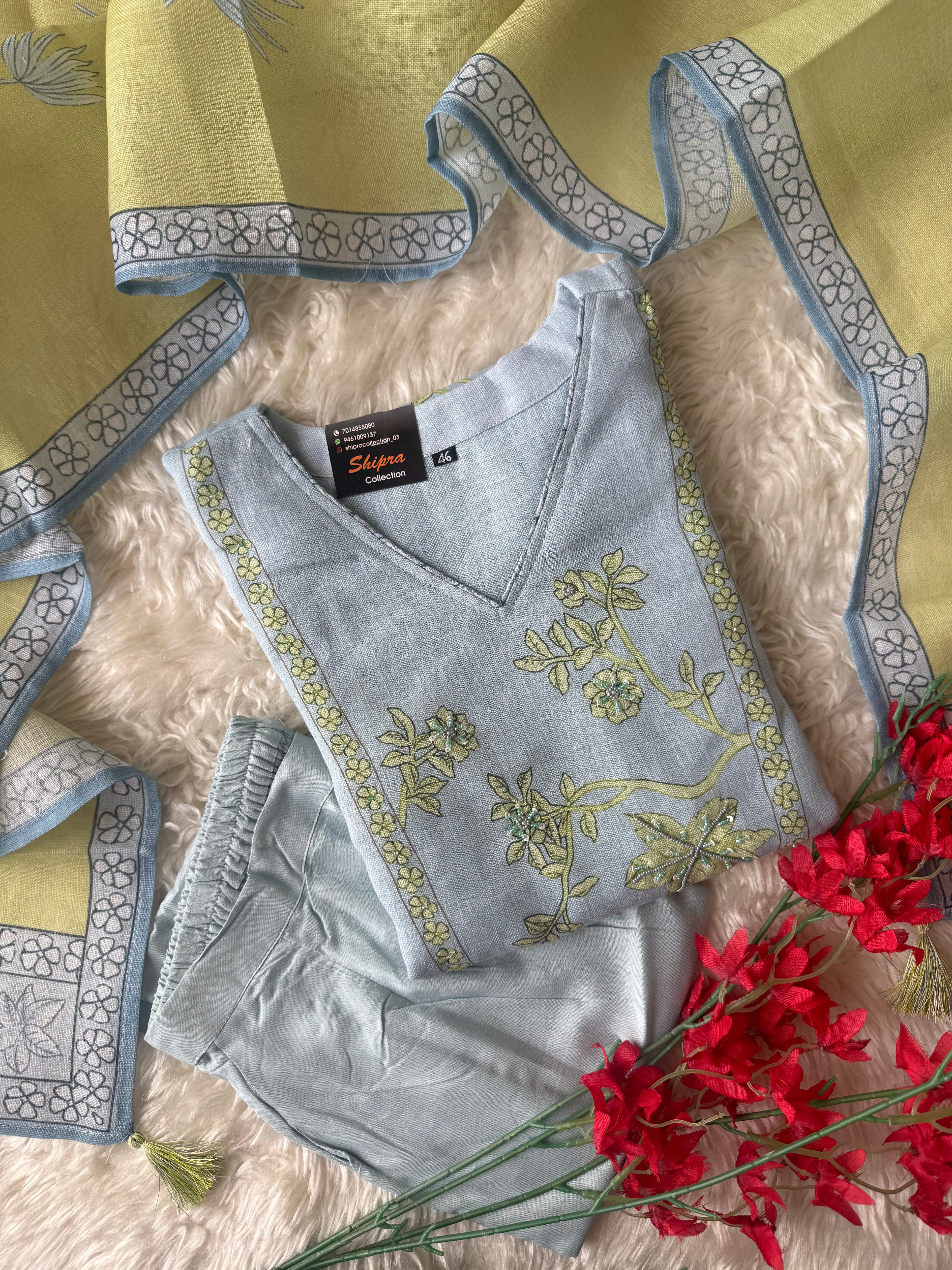 “Plus Size” Linen Kurti Pant Dupatta Set